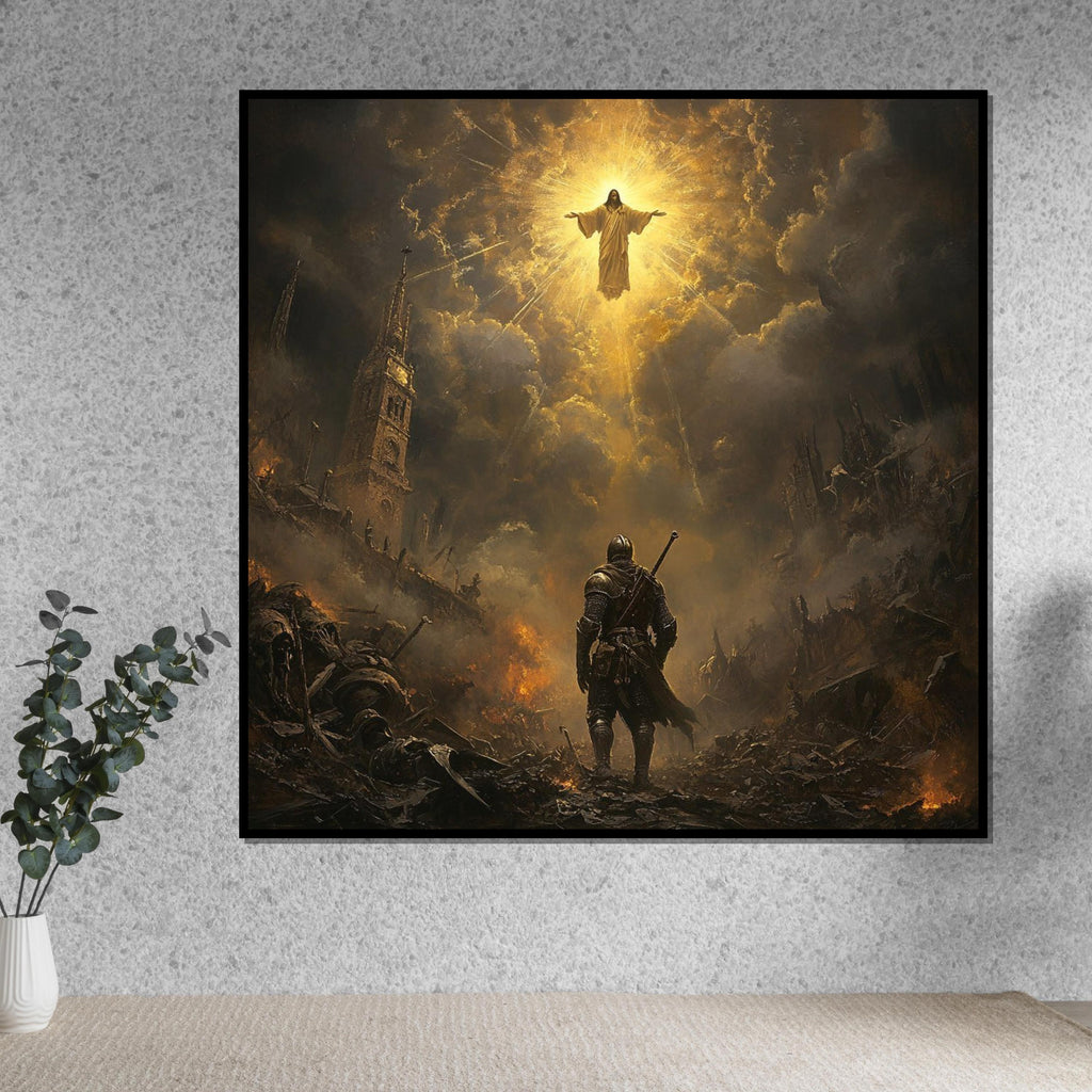 Ascension of Christ Canvas, Medieval Knight Wall Art, Dramatic Religious Scene, Ready to Hang Christian Home Decor