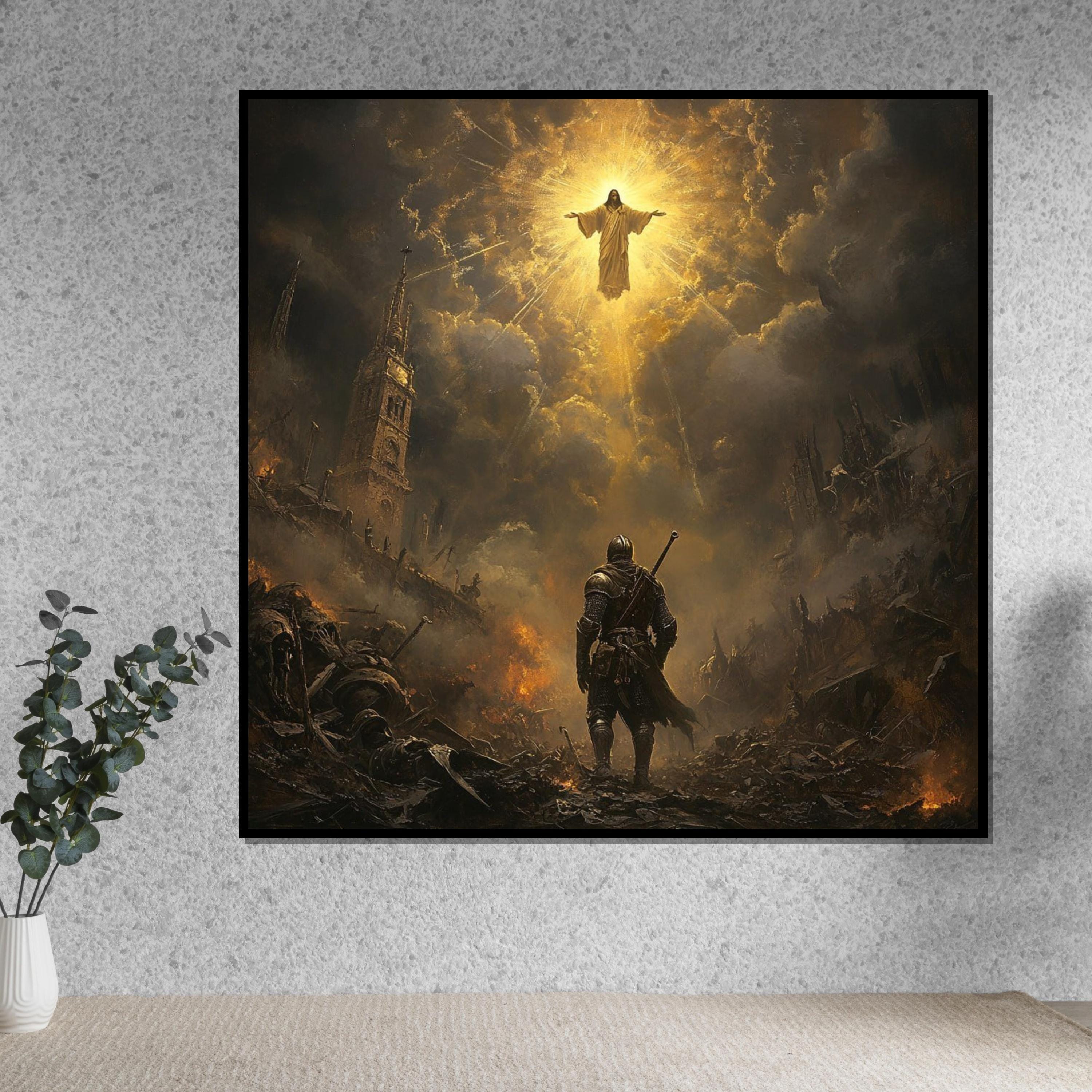 Ascension of Christ Canvas, Medieval Knight Wall Art, Dramatic Religious Scene, Ready to Hang Christian Home Decor
