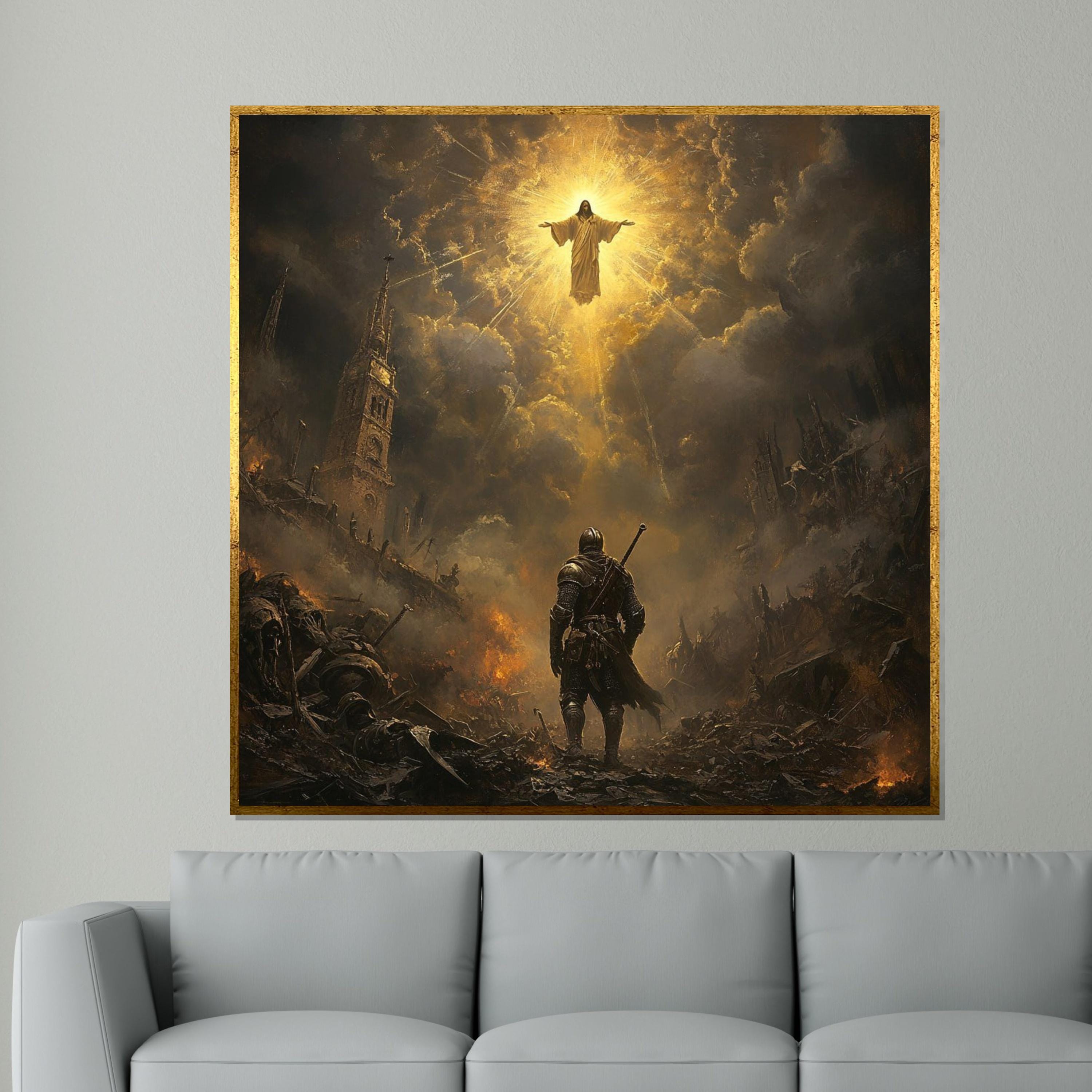 Ascension of Christ Canvas, Medieval Knight Wall Art, Dramatic Religious Scene, Ready to Hang Christian Home Decor