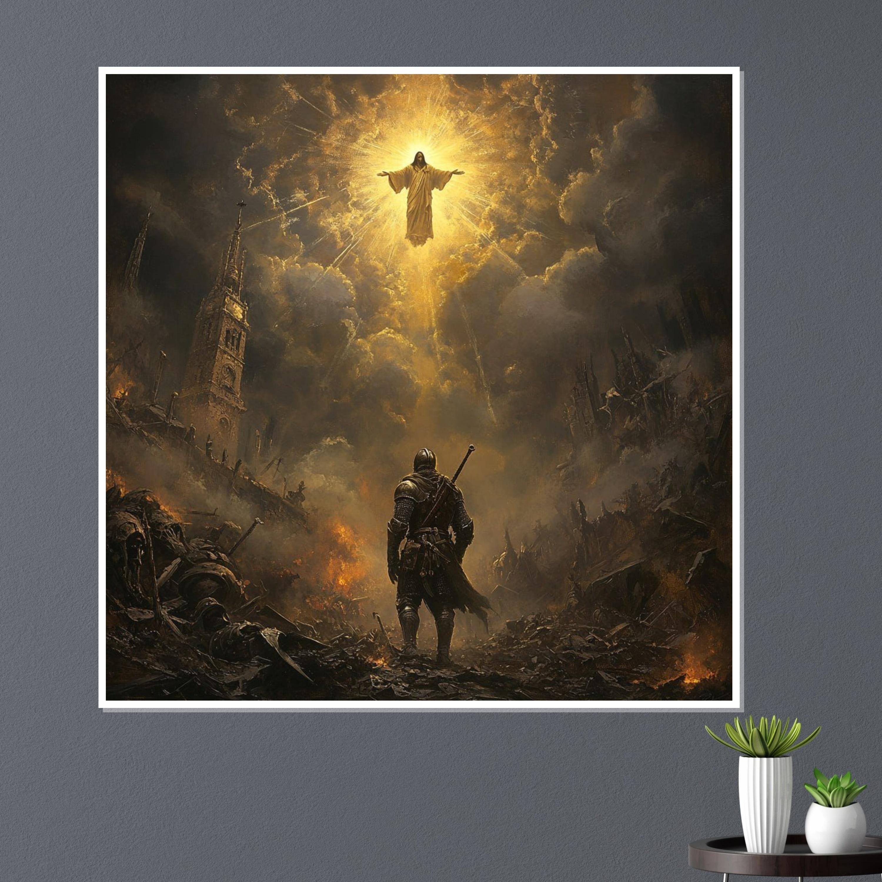 Ascension of Christ Canvas, Medieval Knight Wall Art, Dramatic Religious Scene, Ready to Hang Christian Home Decor