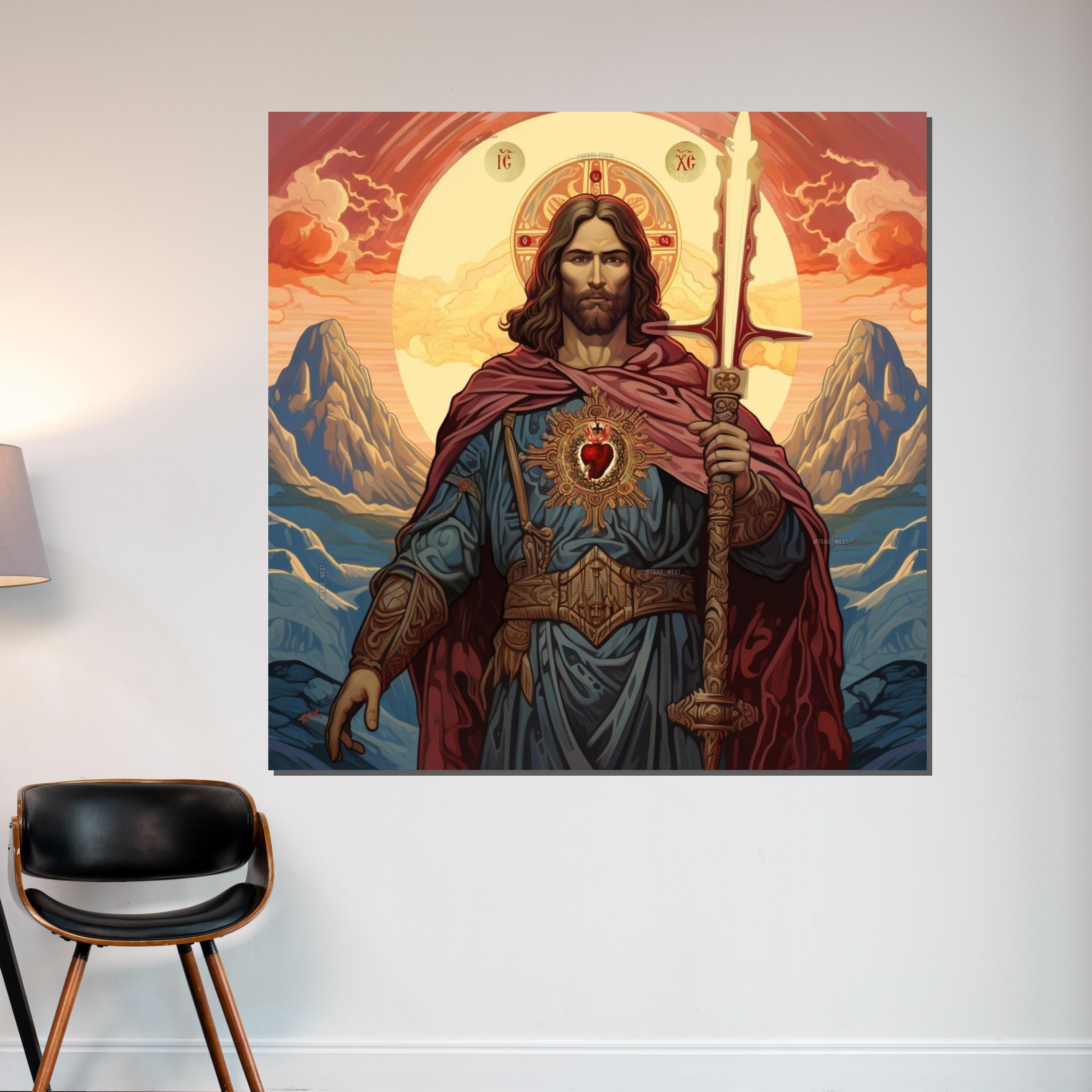 Sacred Heart of Jesus Canvas, Christian Wall Art, Holy Warrior Jesus Print, Religious Home Decor, Ready to Hang Artwork