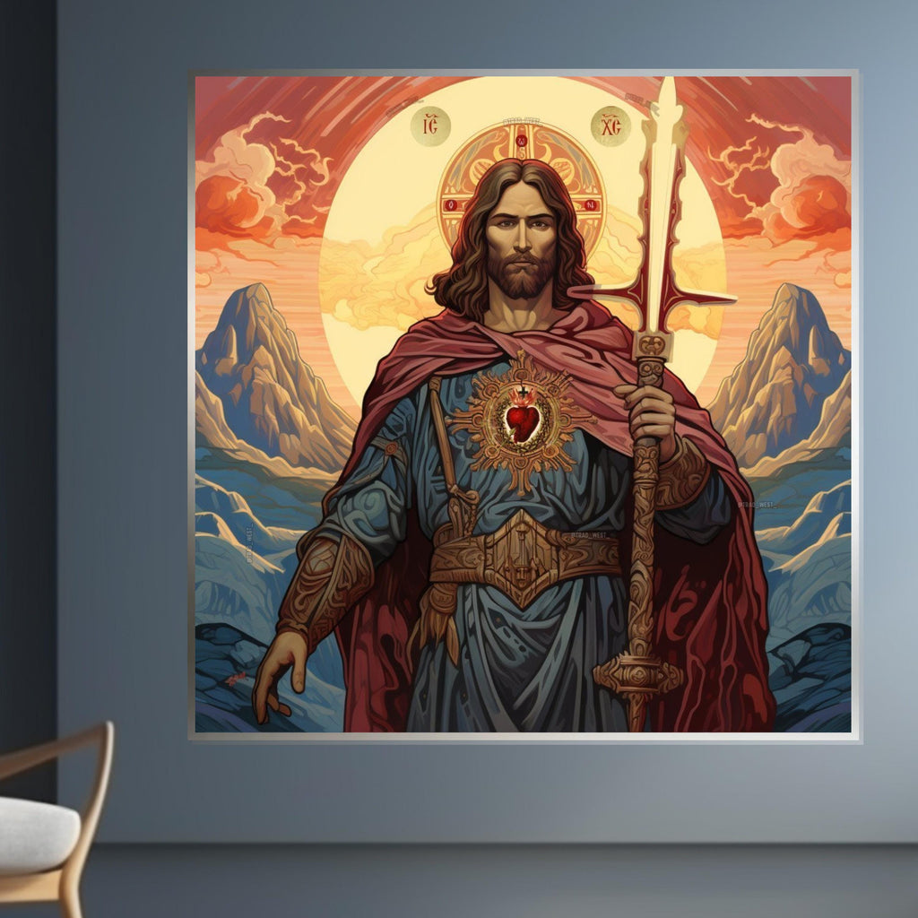 Sacred Heart of Jesus Canvas, Christian Wall Art, Holy Warrior Jesus Print, Religious Home Decor, Ready to Hang Artwork