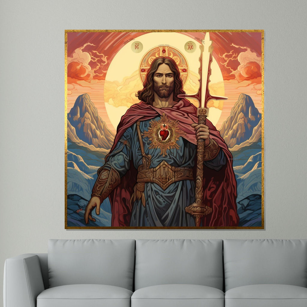 Sacred Heart of Jesus Canvas, Christian Wall Art, Holy Warrior Jesus Print, Religious Home Decor, Ready to Hang Artwork