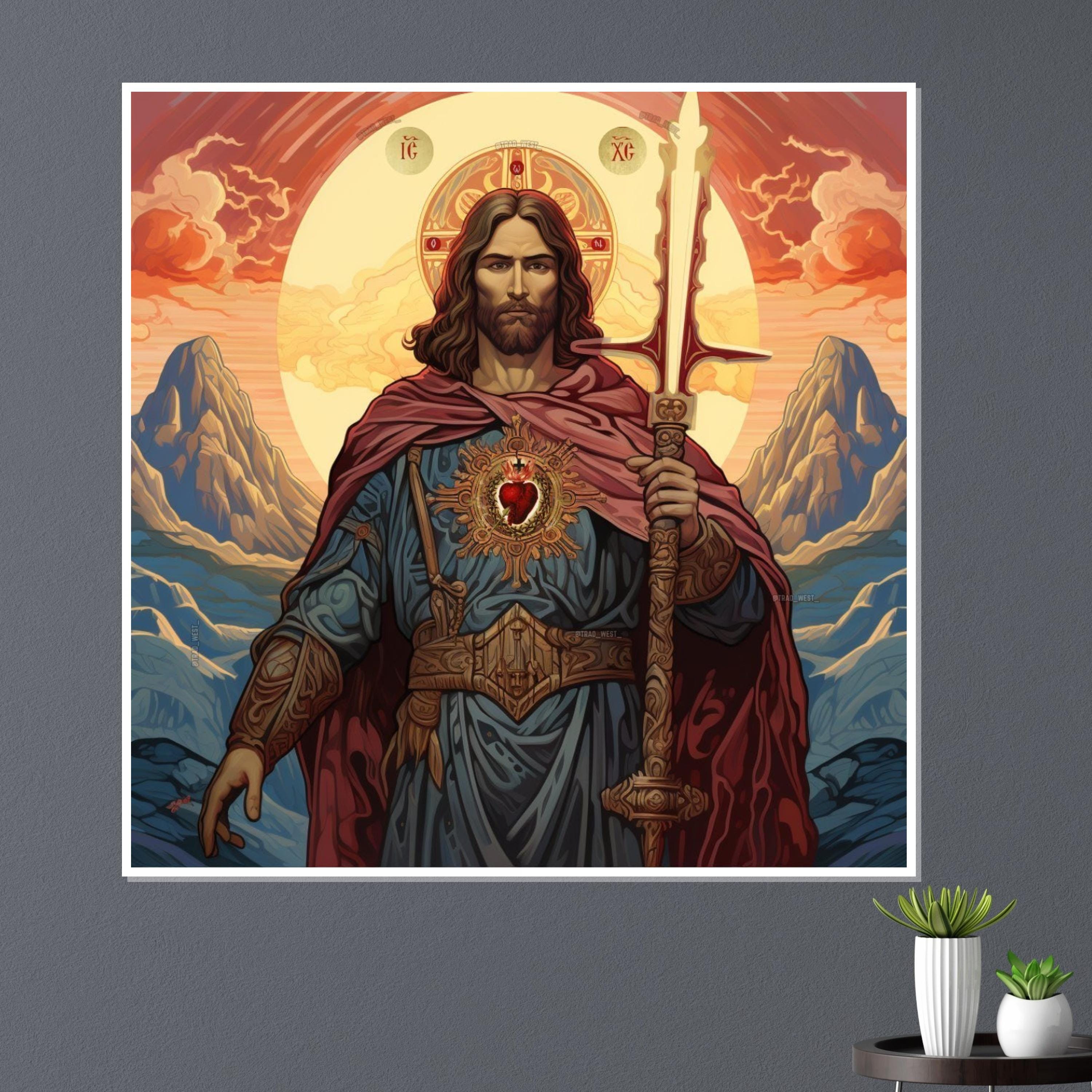 Sacred Heart of Jesus Canvas, Christian Wall Art, Holy Warrior Jesus Print, Religious Home Decor, Ready to Hang Artwork