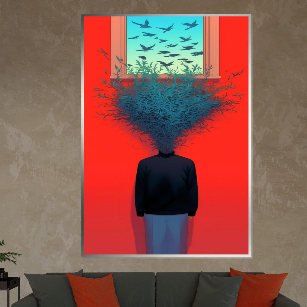 Surreal Mind Bloom Canvas, Head of Leaves Art, Surrealist Poster, Wall Art Canvas Design, Vibrant Red Decor, Ready to Hang