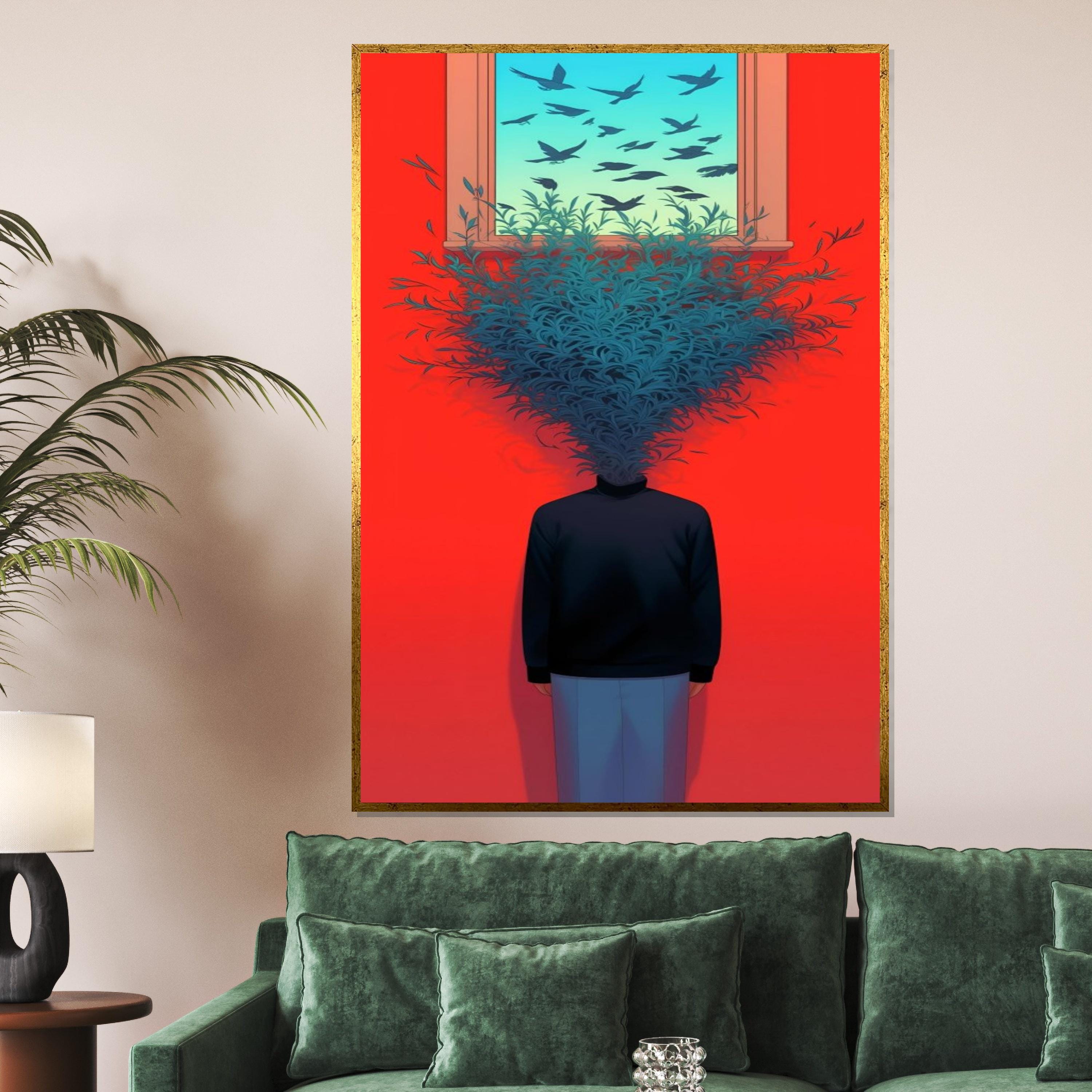 Surreal Mind Bloom Canvas, Head of Leaves Art, Surrealist Poster, Wall Art Canvas Design, Vibrant Red Decor, Ready to Hang