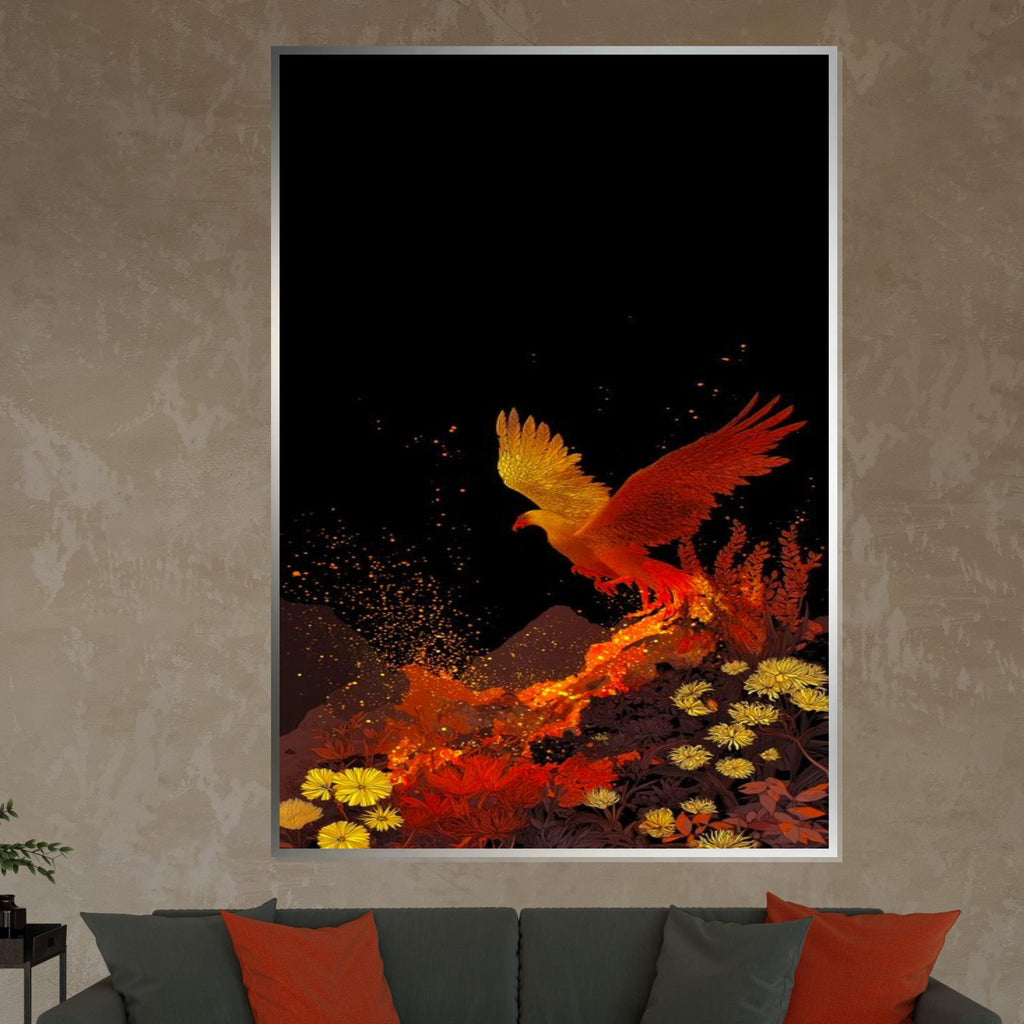 Fiery Phoenix Canvas, Mythical Bird Wall Art, Phoenix Rising Print, Wall Art Canvas Design, Ready to Hang Decoration