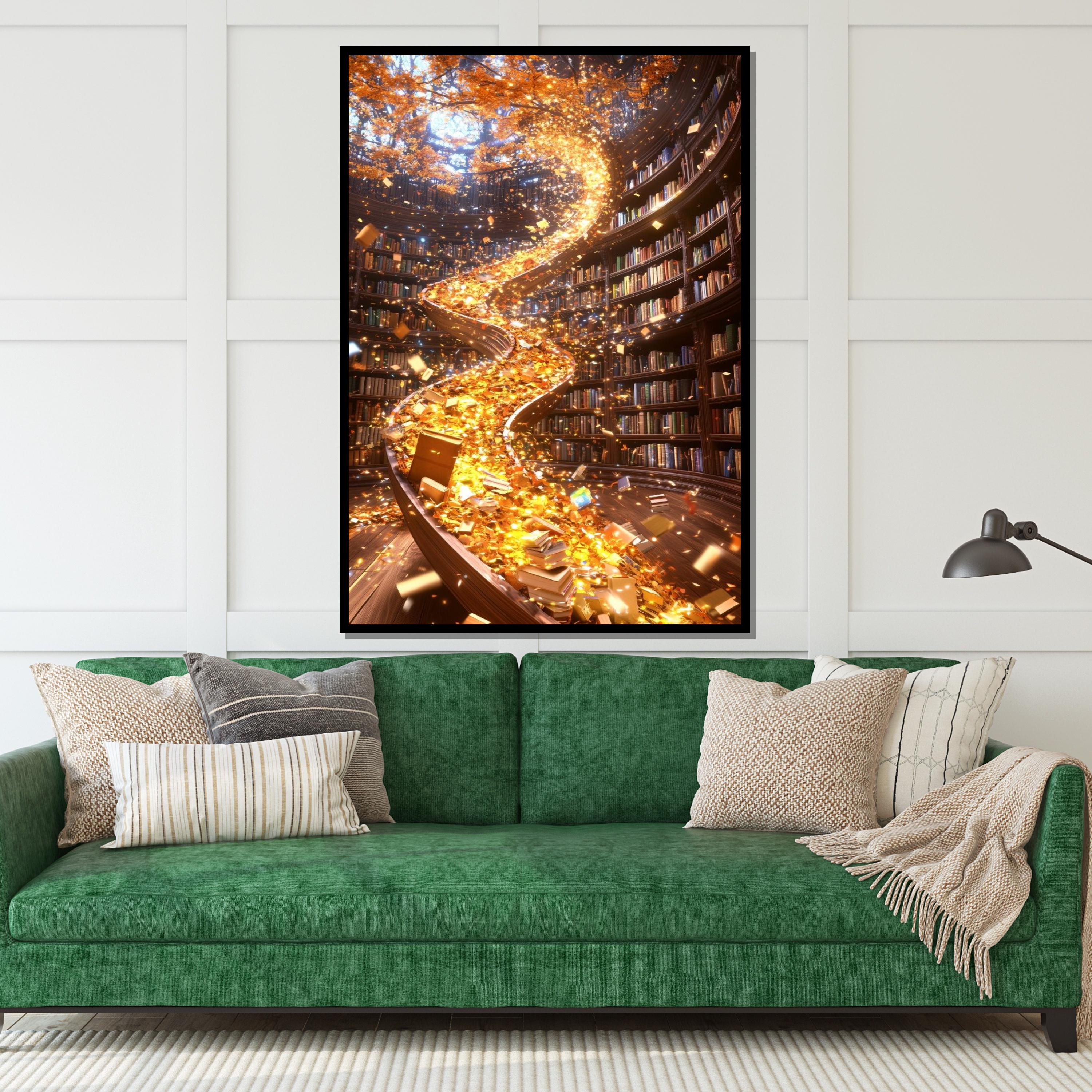 Magical Library Canvas, Enchanted Books Art, Literary Wall Art, Spiraling Bookshelf Design, Ready to Hang Home Decoration