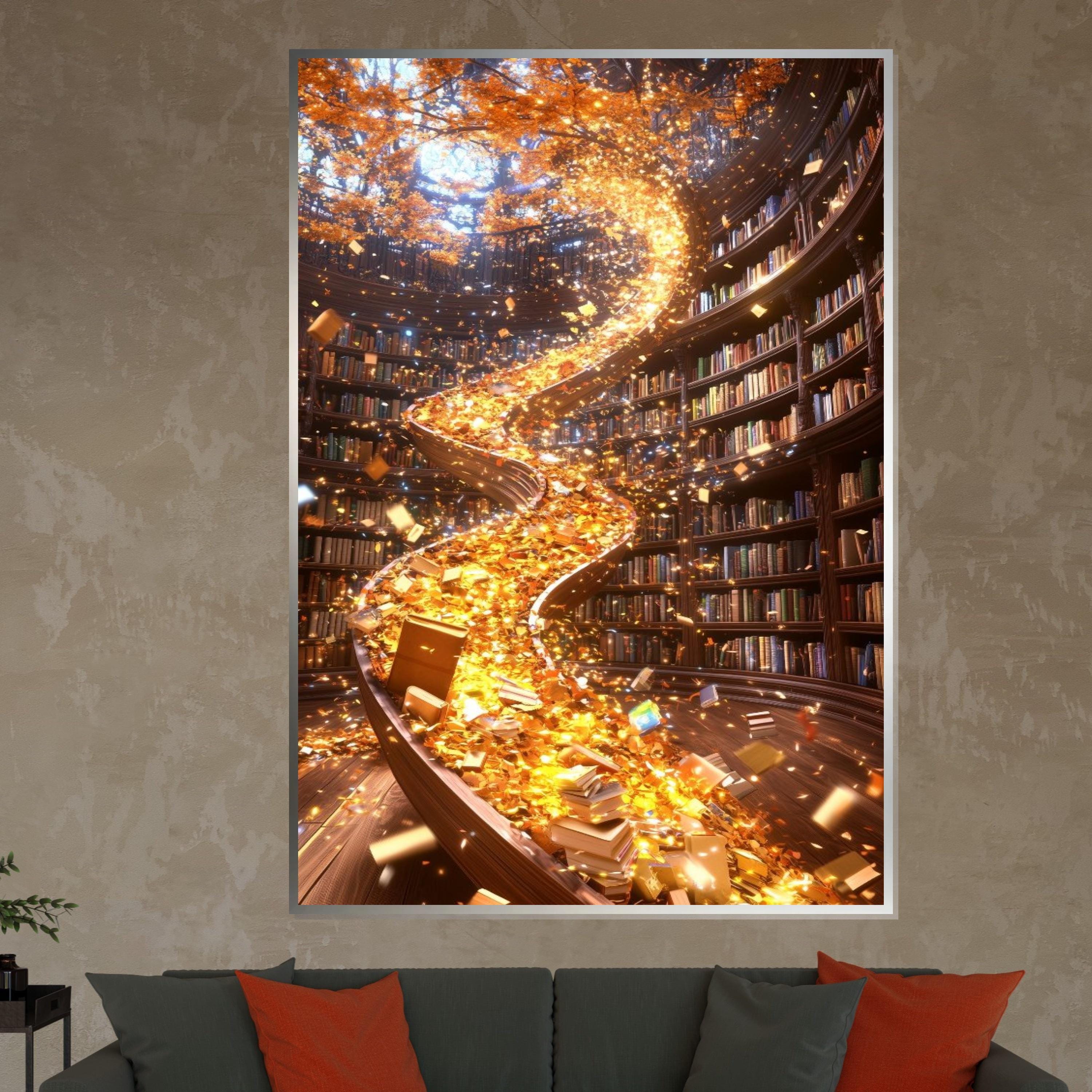 Magical Library Canvas, Enchanted Books Art, Literary Wall Art, Spiraling Bookshelf Design, Ready to Hang Home Decoration