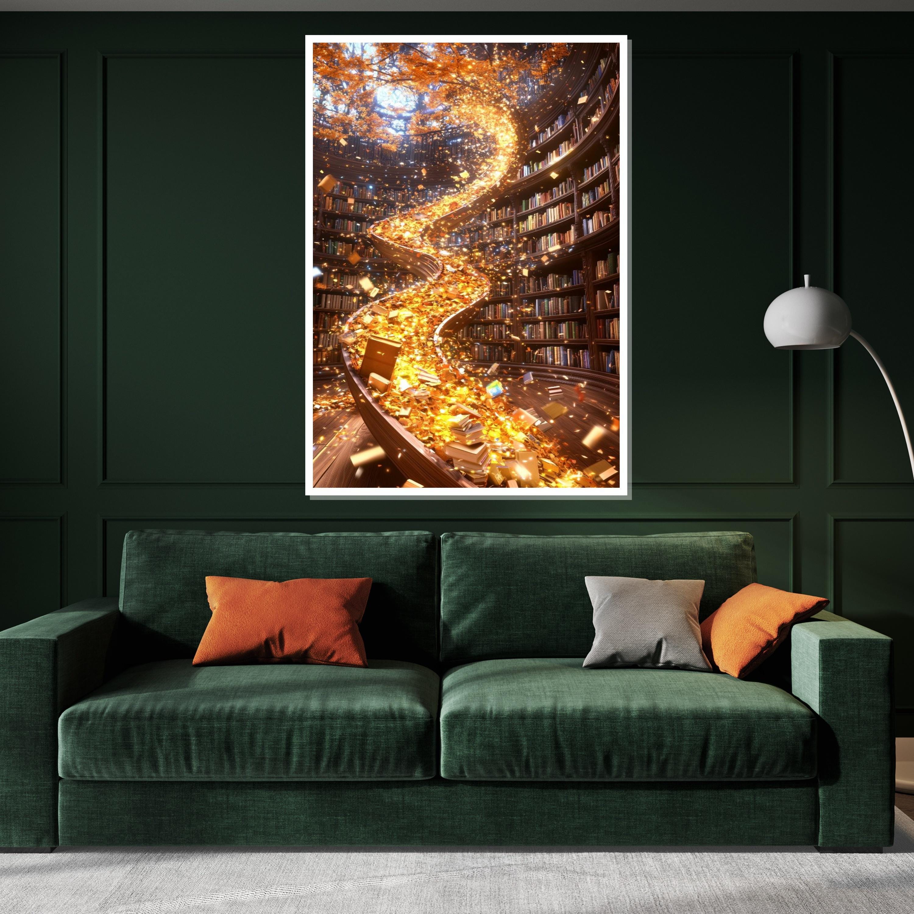 Magical Library Canvas, Enchanted Books Art, Literary Wall Art, Spiraling Bookshelf Design, Ready to Hang Home Decoration