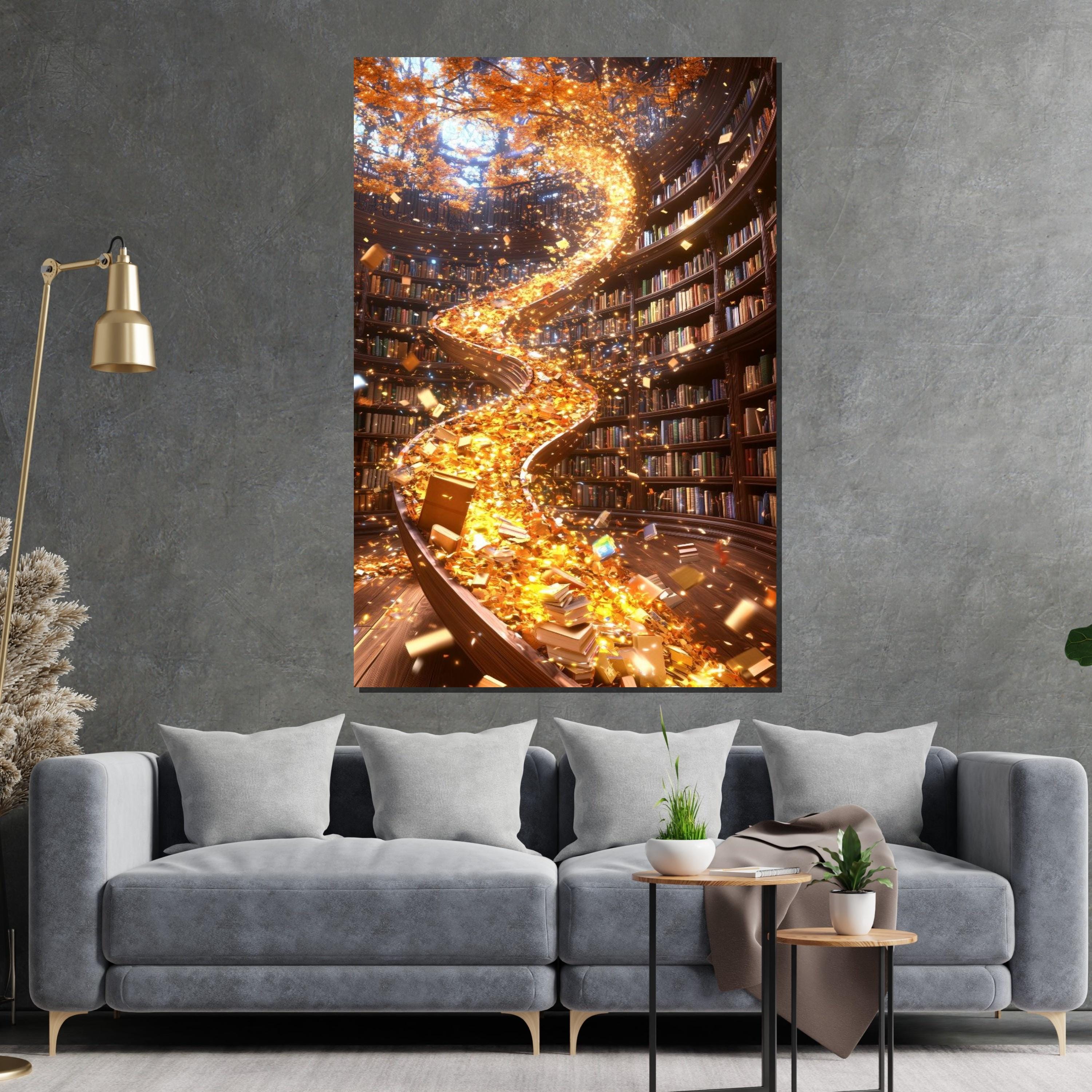 Magical Library Canvas, Enchanted Books Art, Literary Wall Art, Spiraling Bookshelf Design, Ready to Hang Home Decoration