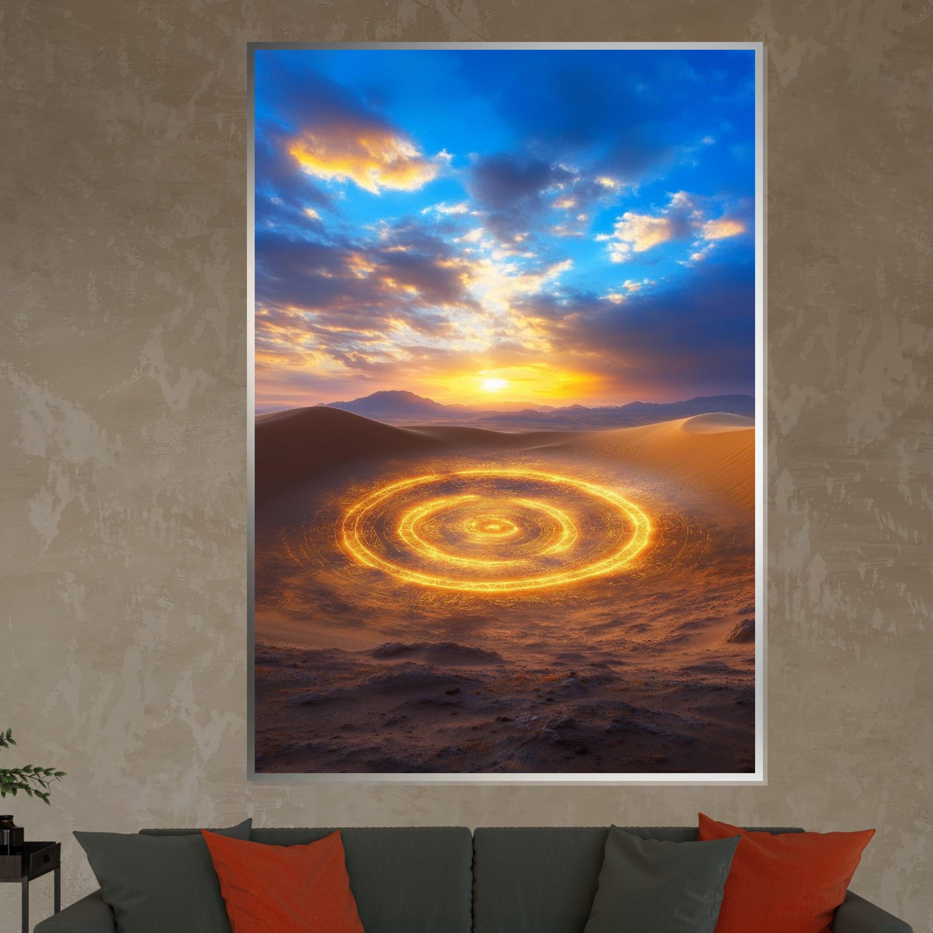 Desert Radiance, Glowing Circle Canvas, Golden Sand Art, Sunset Sky Wall Print, Landscape Canvas Design, Ready To Hang Decoration