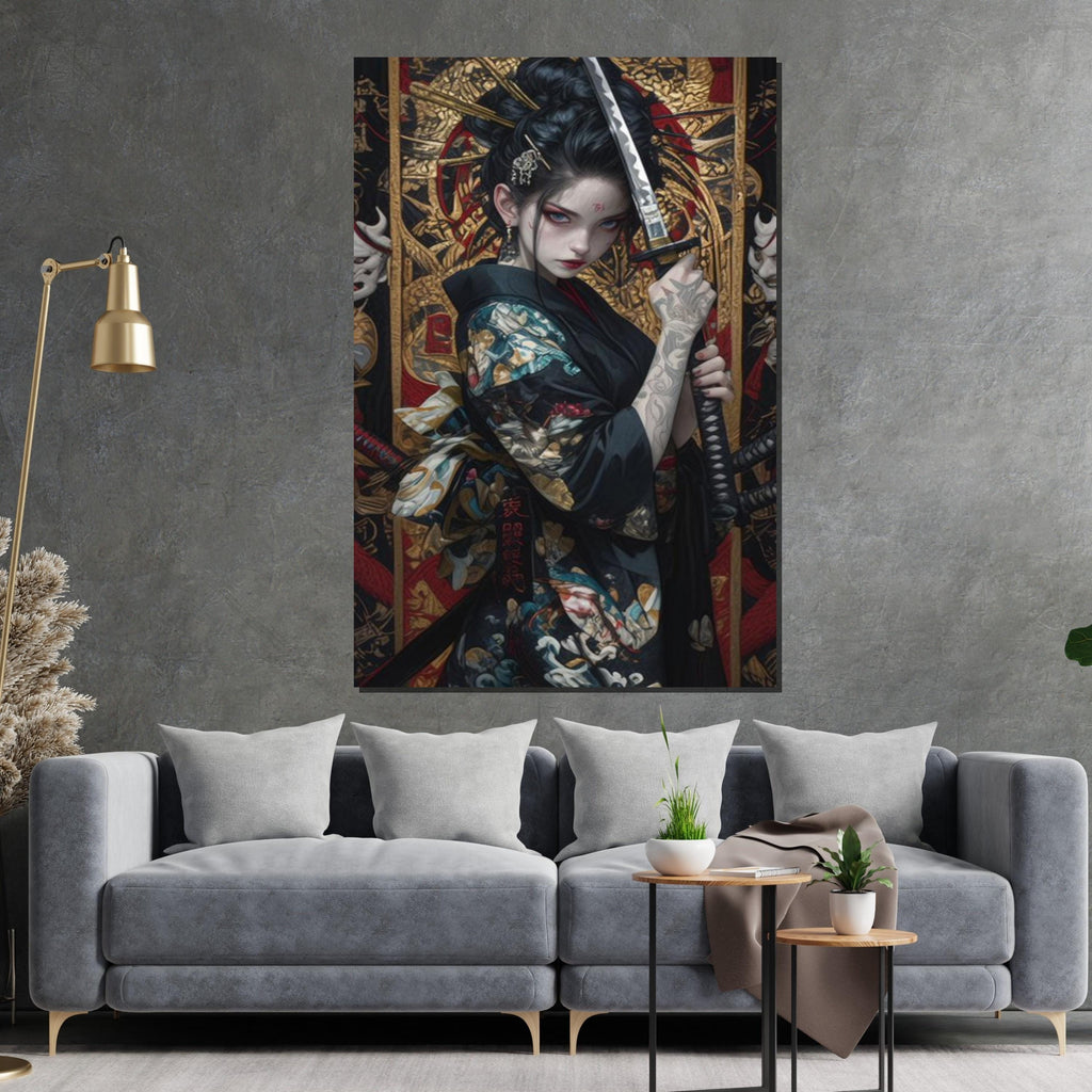 Samurai Spirit Canvas, Geisha with Katana Art, Japanese Warrior Wall Print, Wall Art Canvas Design, Ready To Hang Decoration
