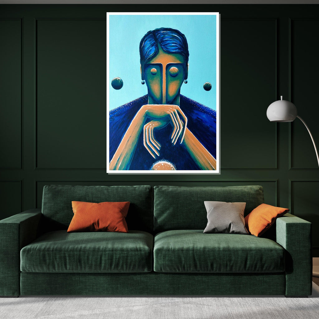 Abstract Blue Portrait Canvas, Modern Face Art, Surreal Wall Print, Contemporary Canvas Design, Ready to Hang Home Decor