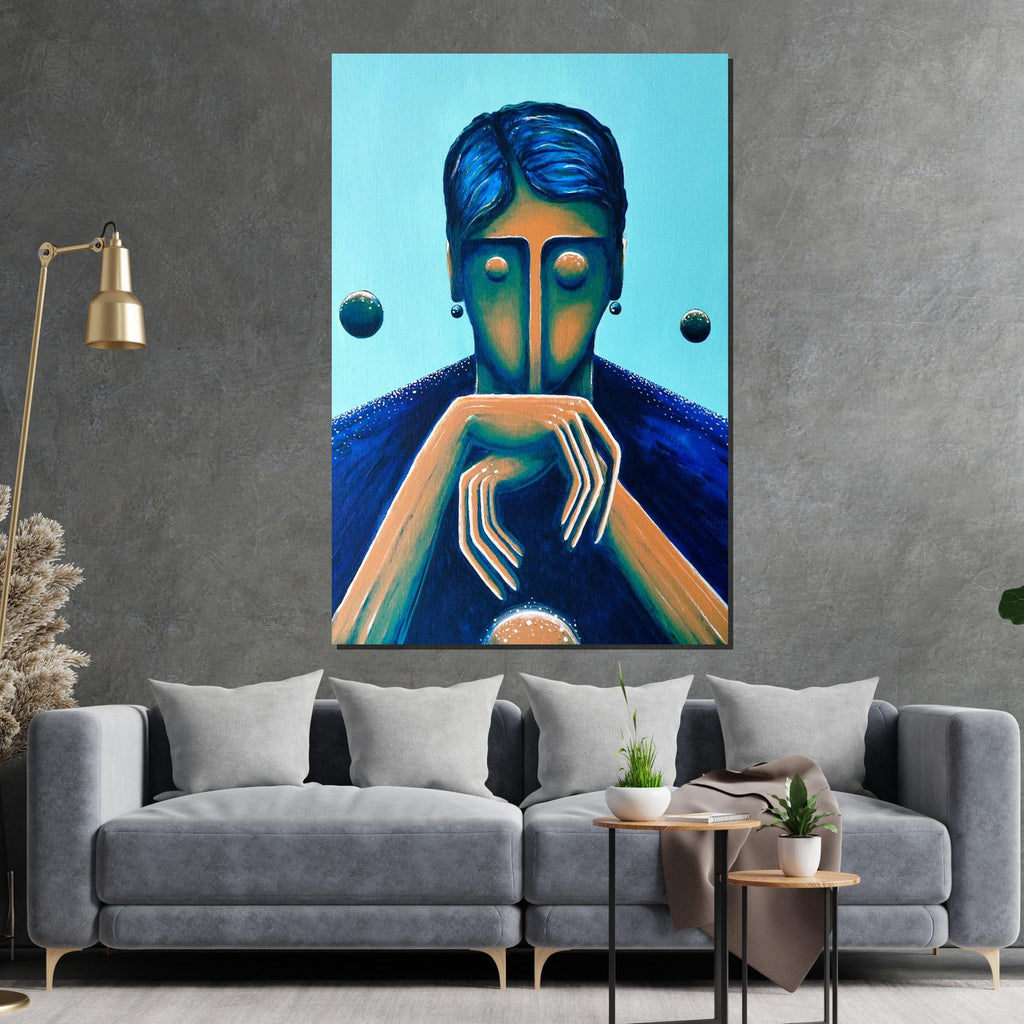Abstract Blue Portrait Canvas, Modern Face Art, Surreal Wall Print, Contemporary Canvas Design, Ready to Hang Home Decor