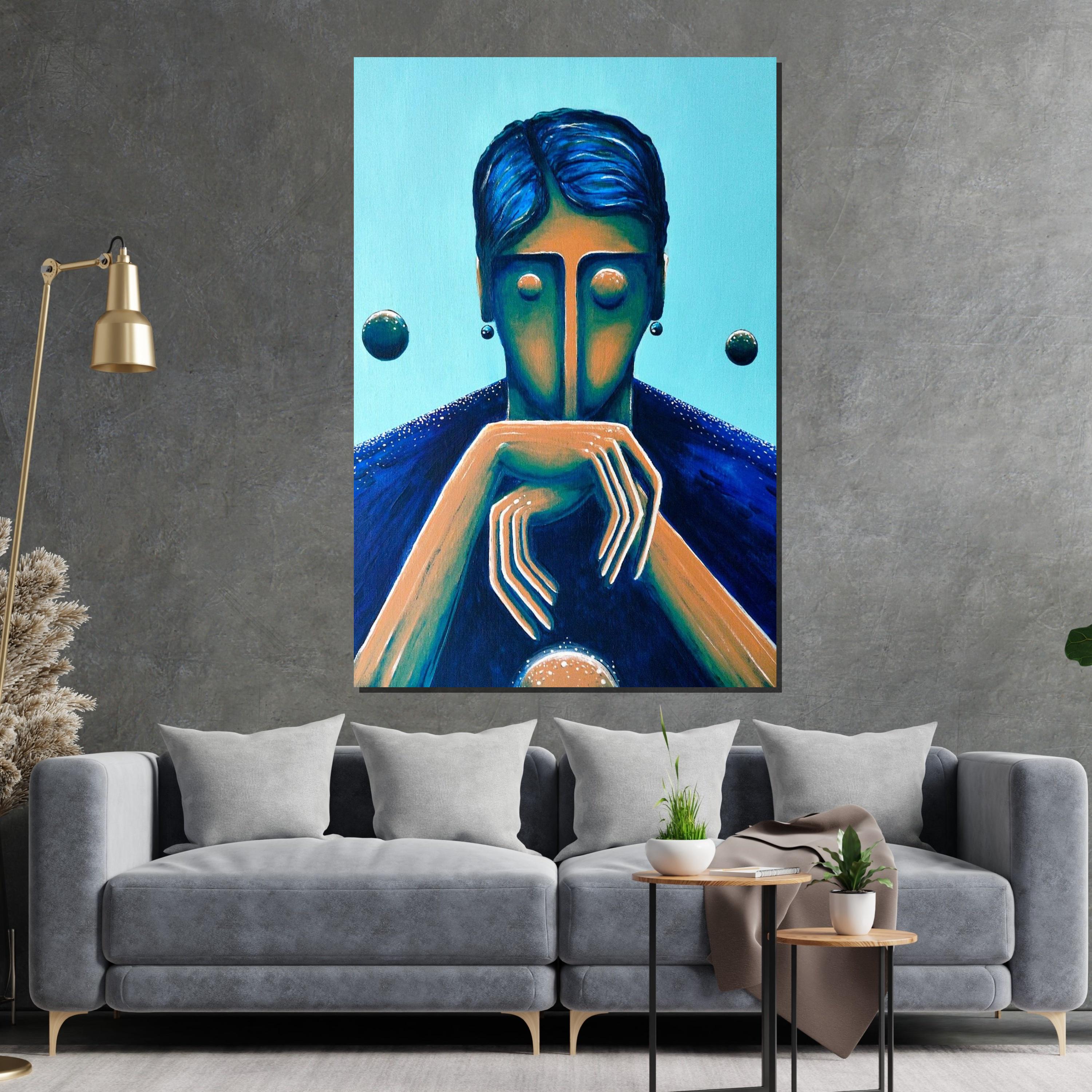 Abstract Blue Portrait Canvas, Modern Face Art, Surreal Wall Print, Contemporary Canvas Design, Ready to Hang Home Decor