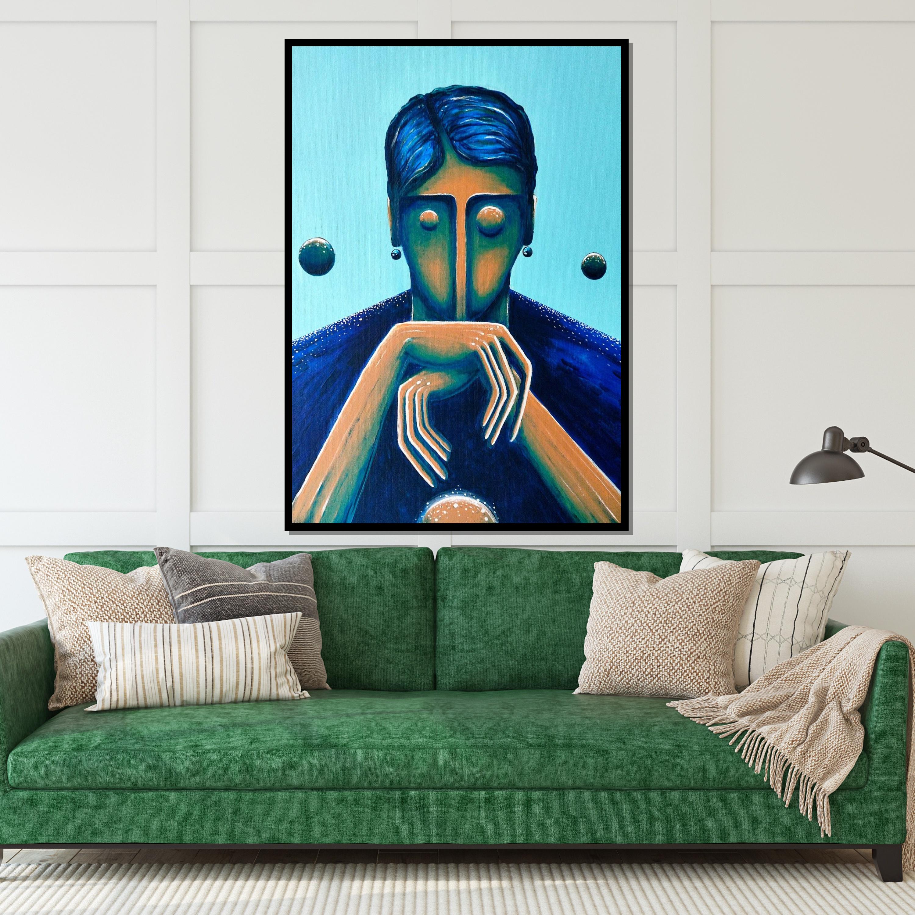 Abstract Blue Portrait Canvas, Modern Face Art, Surreal Wall Print, Contemporary Canvas Design, Ready to Hang Home Decor