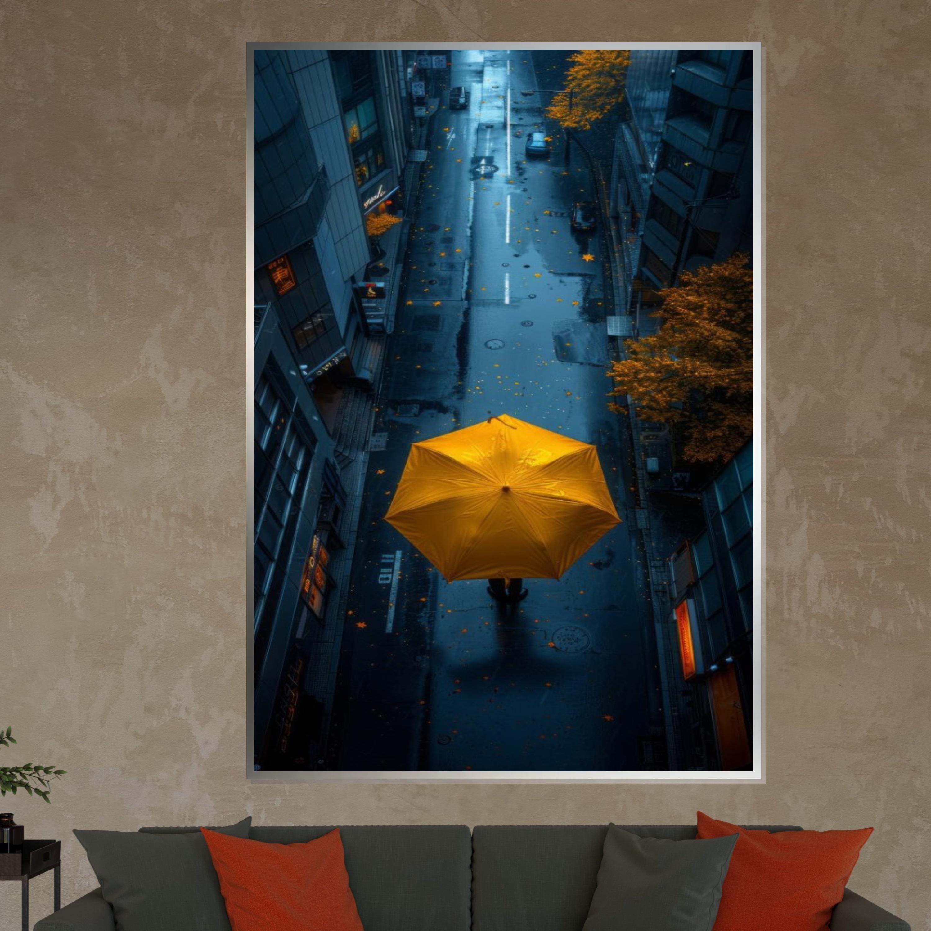 Yellow Umbrella Street Canvas, Urban Rainy Day Print, Cityscape Wall Art, Modern Canvas Art, Ready To Hang Home Decor