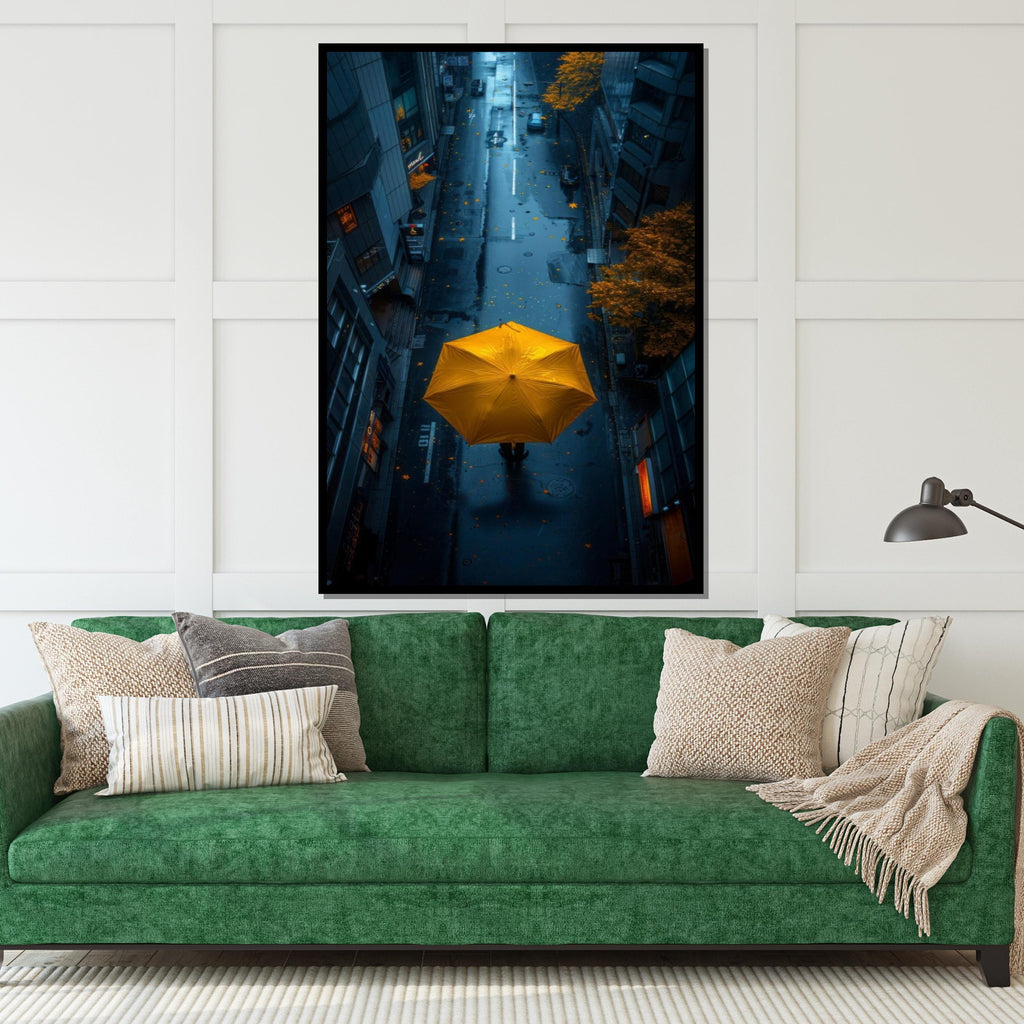 Yellow Umbrella Street Canvas, Urban Rainy Day Print, Cityscape Wall Art, Modern Canvas Art, Ready To Hang Home Decor