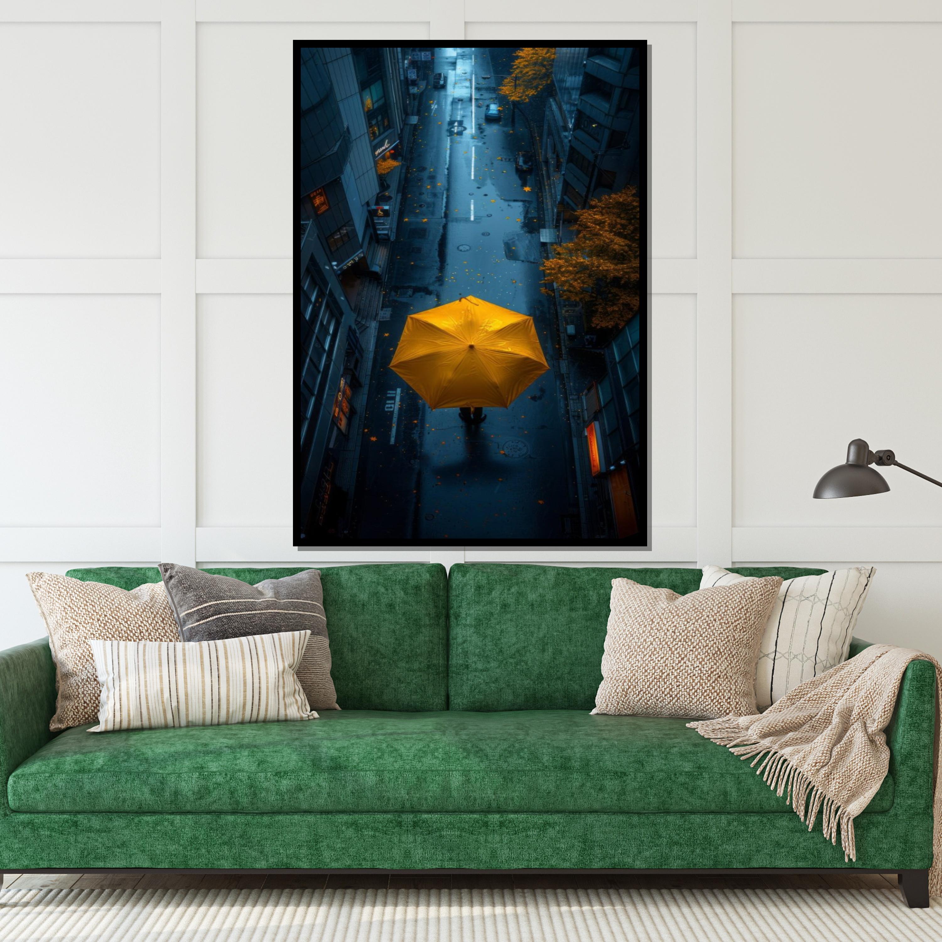 Yellow Umbrella Street Canvas, Urban Rainy Day Print, Cityscape Wall Art, Modern Canvas Art, Ready To Hang Home Decor