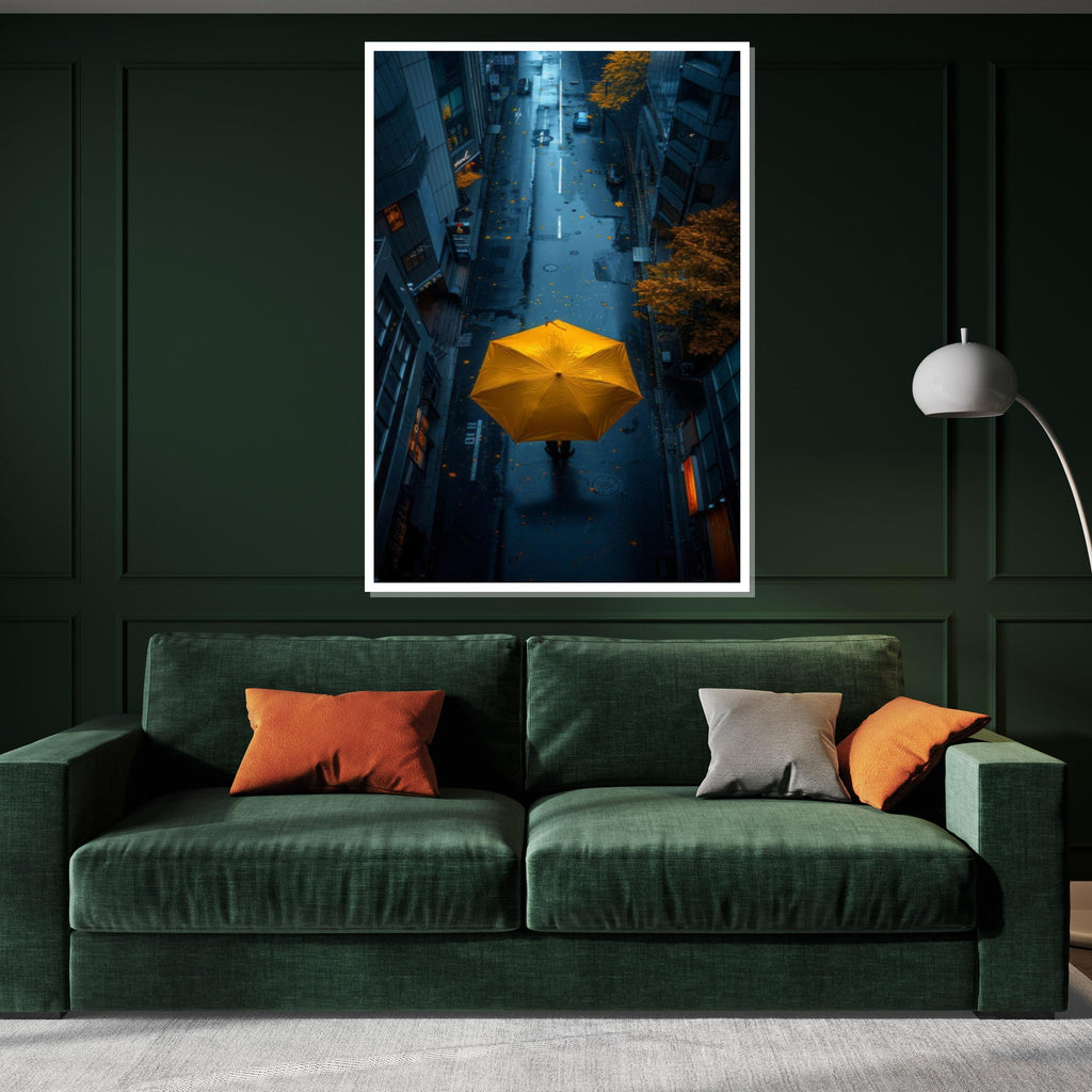 Yellow Umbrella Street Canvas, Urban Rainy Day Print, Cityscape Wall Art, Modern Canvas Art, Ready To Hang Home Decor