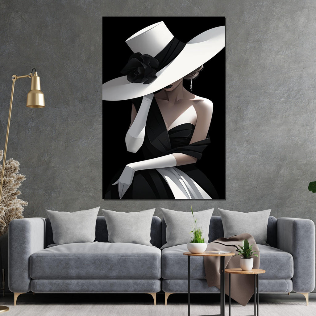 Elegant Lady in Hat Canvas Art, Fashion Wall Art, Chic Black and White Portrait, Glamour Poster, Wall Art Canvas Design, Ready to Hang