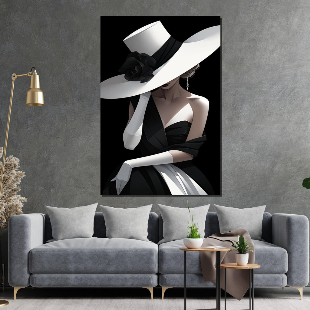 Elegant Lady in Hat Canvas Art, Fashion Wall Art, Chic Black and White Portrait, Glamour Poster, Wall Art Canvas Design, Ready to Hang