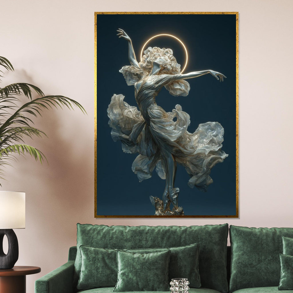 Ballerina Angel Wall Art – Elegant Flana Dancer with Halo | Ethereal Ballet Canvas Print. Graceful Woman Statue Poster for Living Room Decor