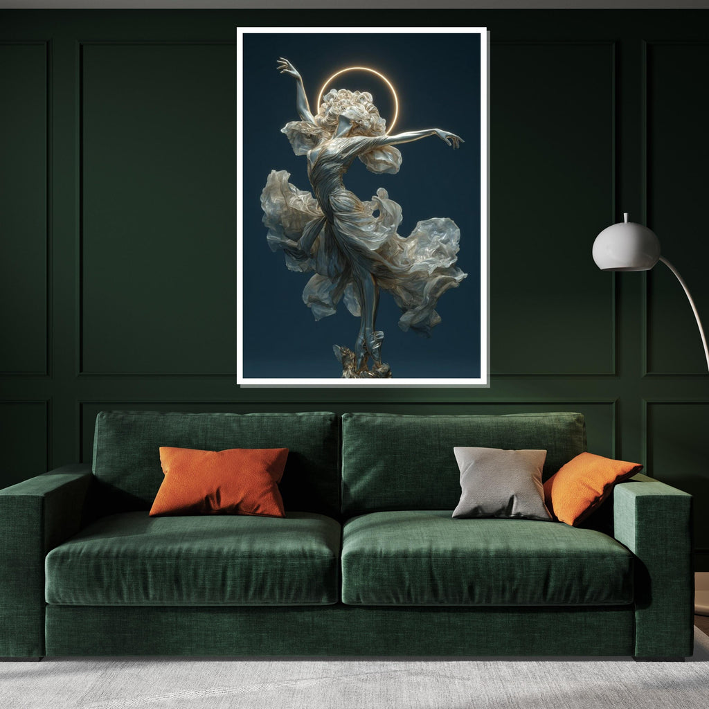 Ballerina Angel Wall Art – Elegant Flana Dancer with Halo | Ethereal Ballet Canvas Print. Graceful Woman Statue Poster for Living Room Decor