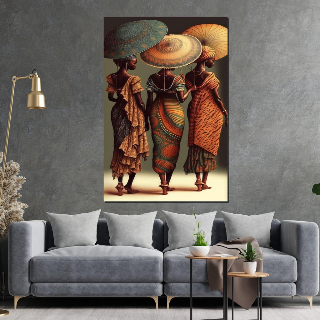African Elegance Canvas, Umbrella Women Art, Cultural Wall Art, Vibrant Print, Canvas Design, Ready To Hang Home Decoration
