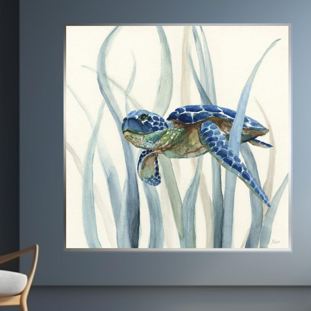 Sea Turtle Canvas, Ocean Life Art, Turtle in Seagrass Print, Animal Wall Art, Coastal Decor Canvas, Wall Art Design, Ready to Hang
