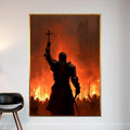 Medieval Crusader Knight Wall Art - Dark Fantasy Warrior with Cross and Fire - Epic Gothic Canvas Poster for Home Decor