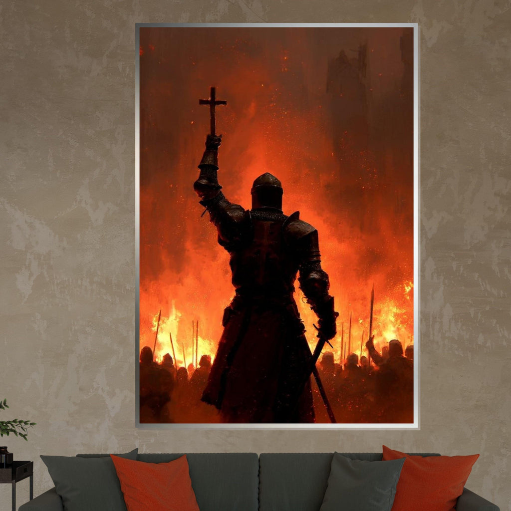 Medieval Crusader Knight Wall Art - Dark Fantasy Warrior with Cross and Fire - Epic Gothic Canvas Poster for Home Decor