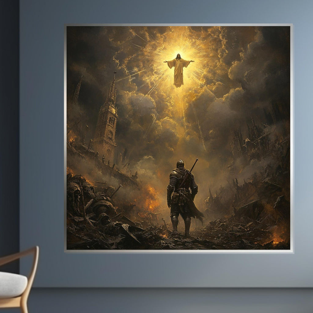 Ascension of Christ Canvas, Medieval Knight Wall Art, Dramatic Religious Scene, Ready to Hang Christian Home Decor