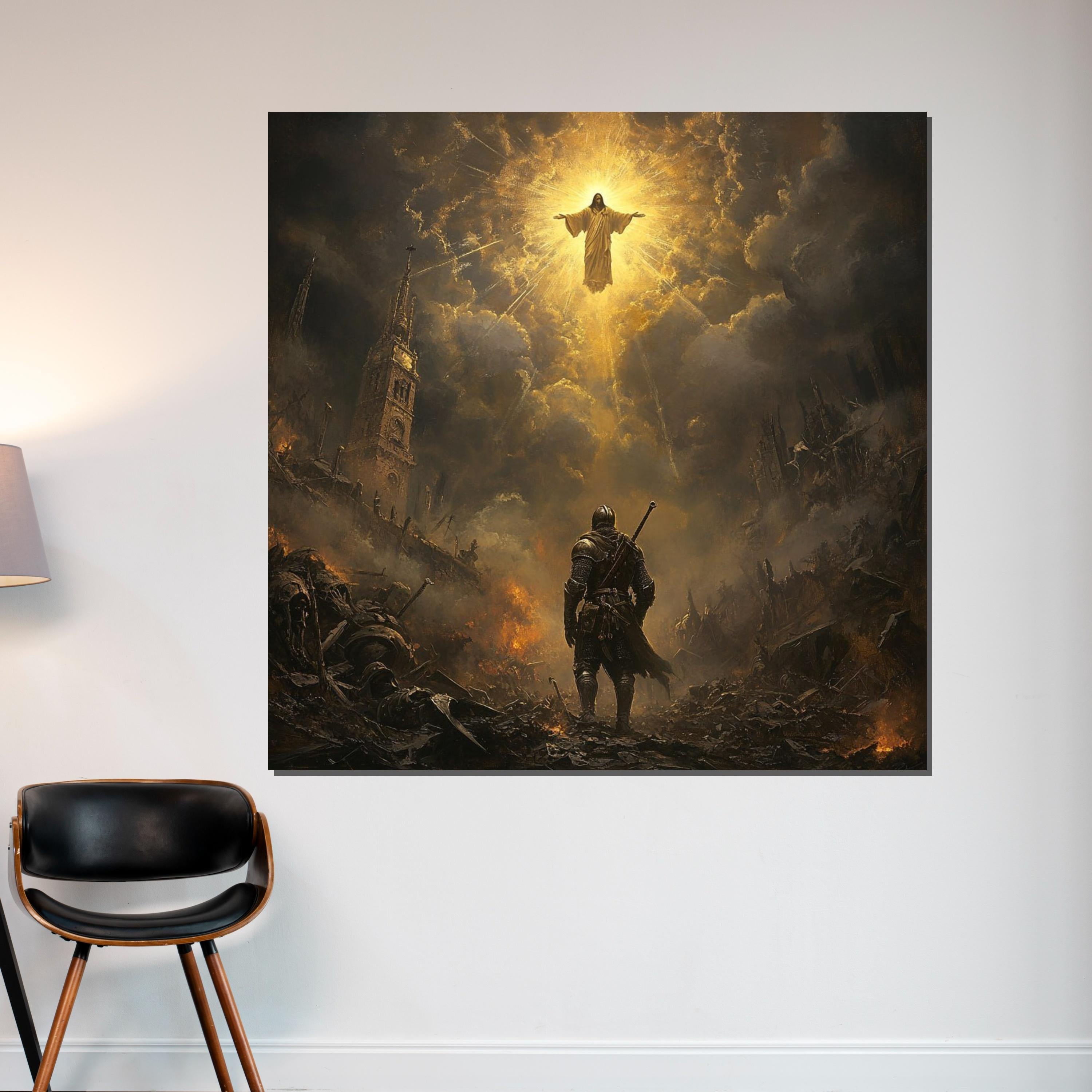 Ascension of Christ Canvas, Medieval Knight Wall Art, Dramatic Religious Scene, Ready to Hang Christian Home Decor