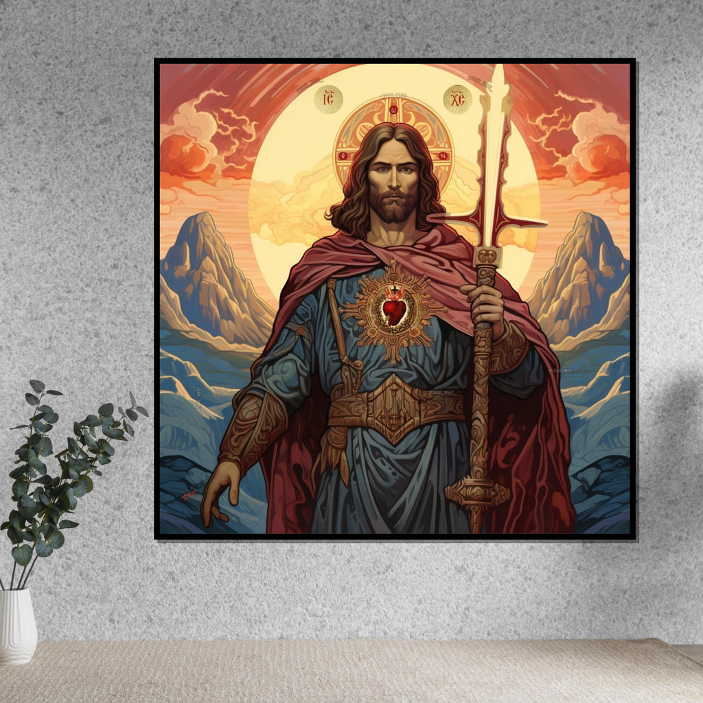 Sacred Heart of Jesus Canvas, Christian Wall Art, Holy Warrior Jesus Print, Religious Home Decor, Ready to Hang Artwork