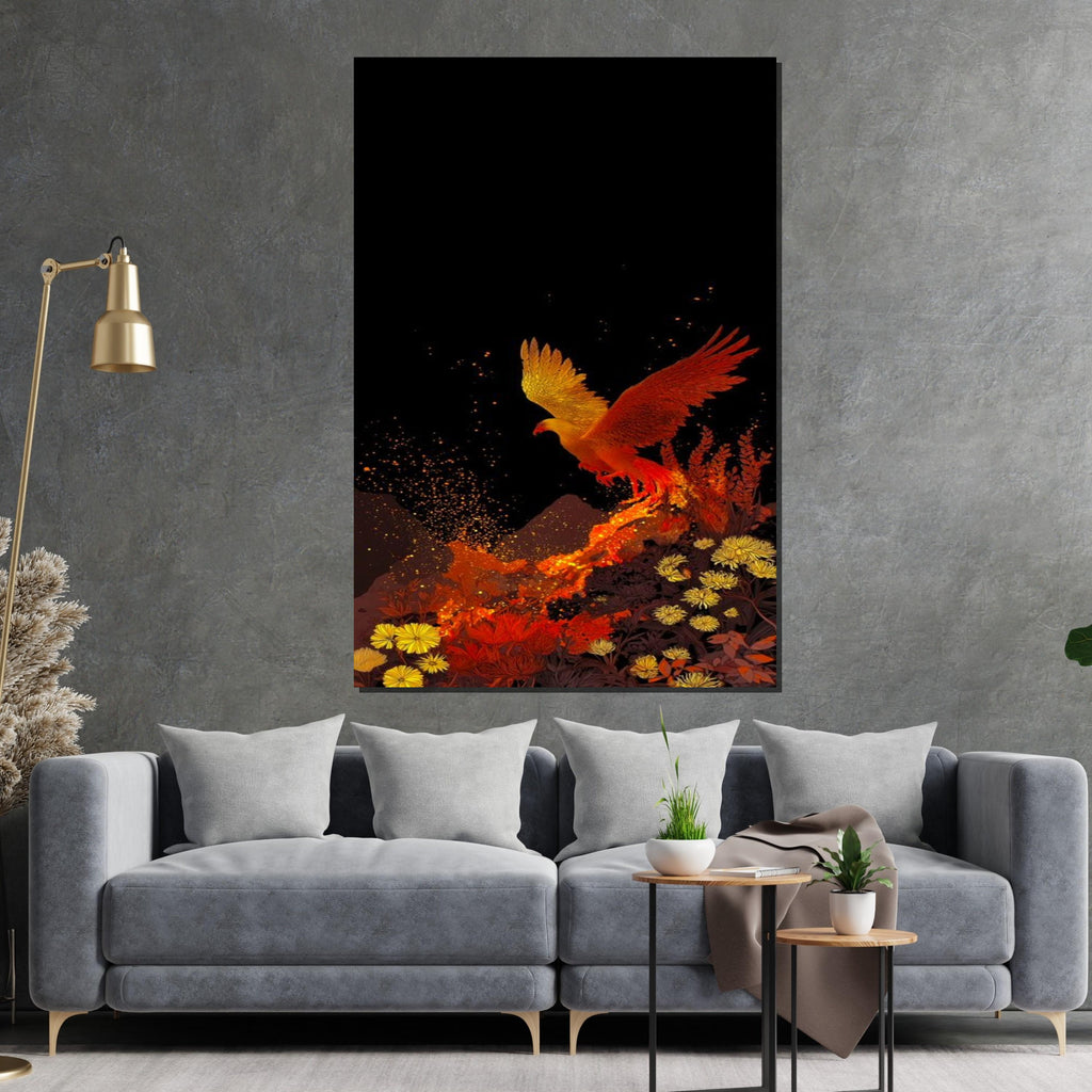 Fiery Phoenix Canvas, Mythical Bird Wall Art, Phoenix Rising Print, Wall Art Canvas Design, Ready to Hang Decoration