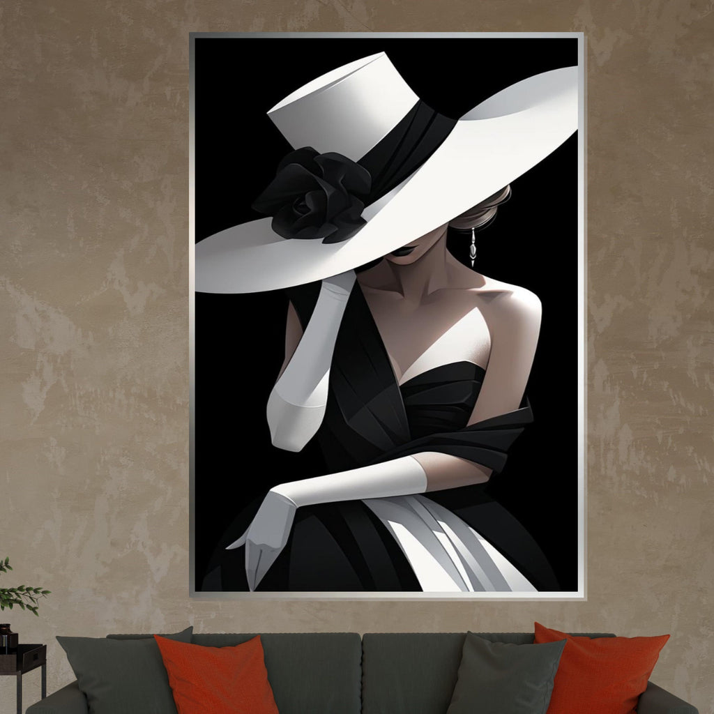 Elegant Lady in Hat Canvas Art, Fashion Wall Art, Chic Black and White Portrait, Glamour Poster, Wall Art Canvas Design, Ready to Hang