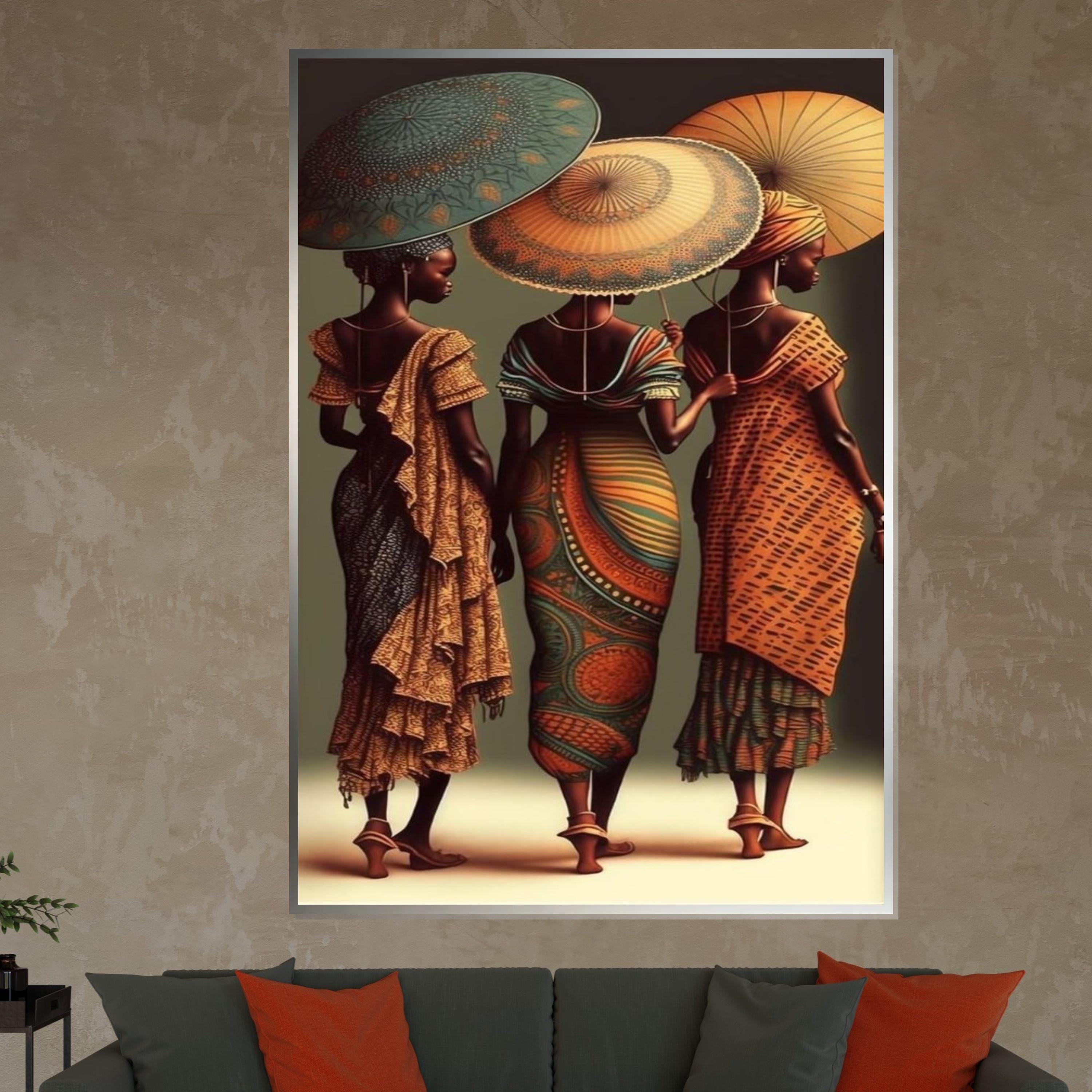 African Elegance Canvas, Umbrella Women Art, Cultural Wall Art, Vibrant Print, Canvas Design, Ready To Hang Home Decoration