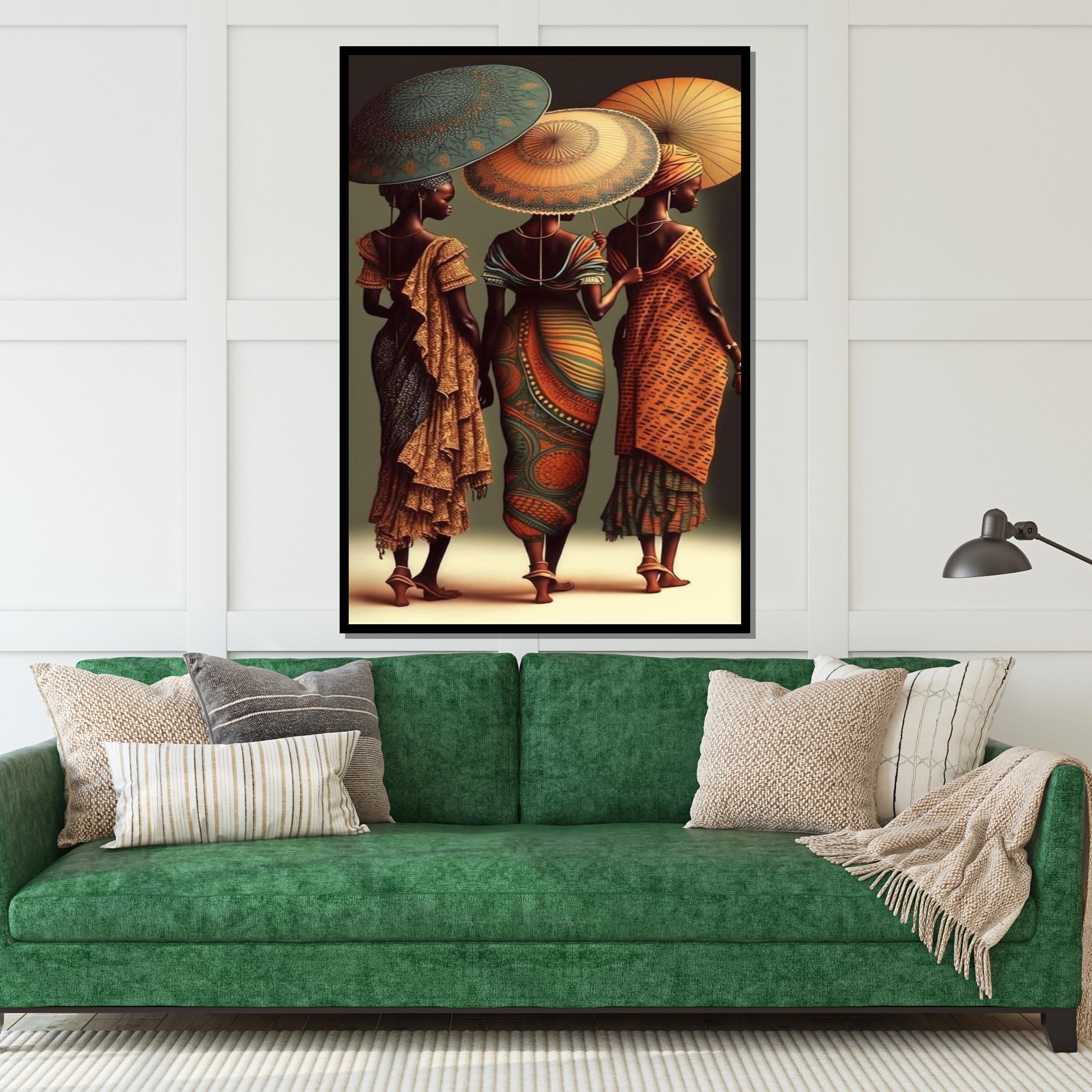 African Elegance Canvas, Umbrella Women Art, Cultural Wall Art, Vibrant Print, Canvas Design, Ready To Hang Home Decoration