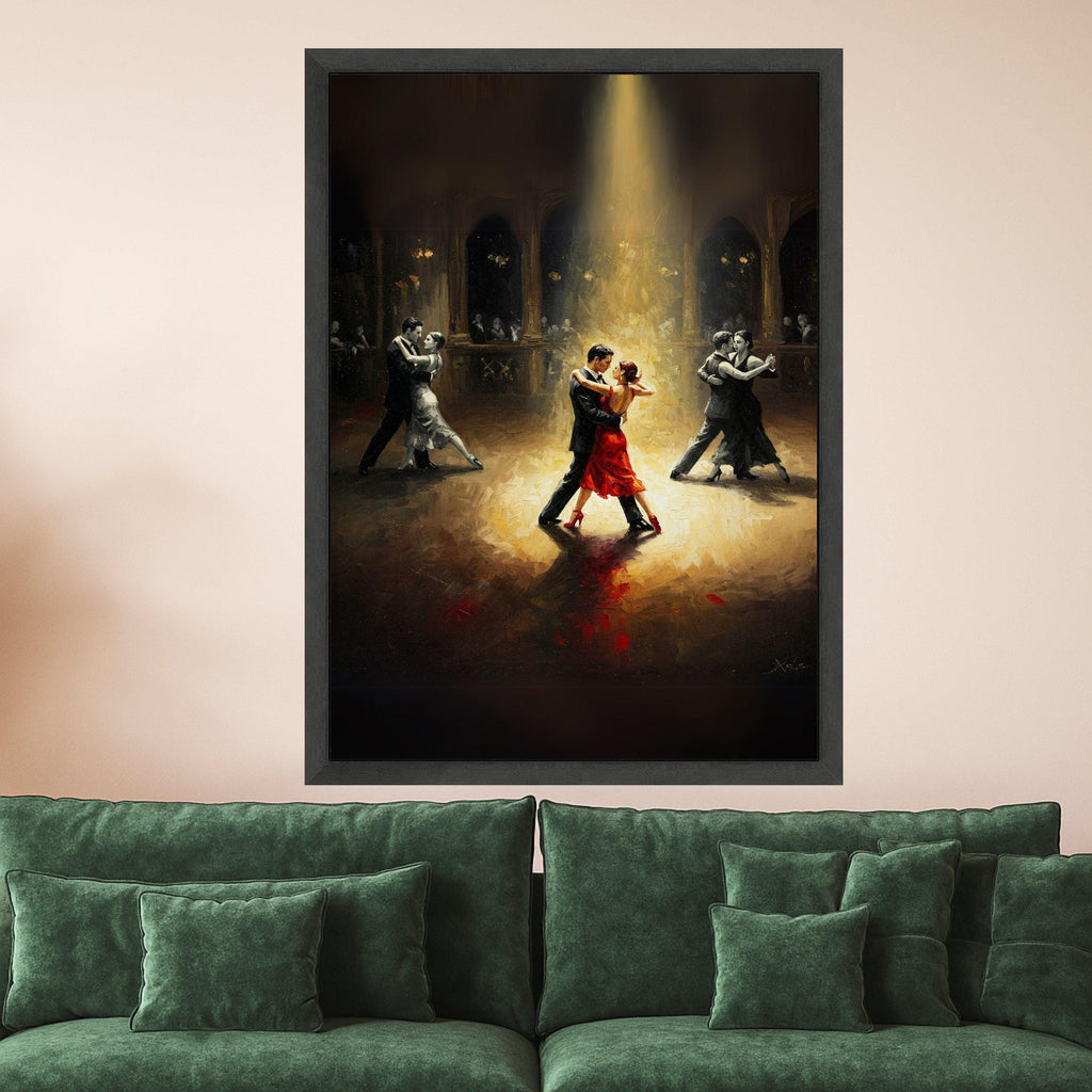 Elegant Tango Dance Scene, Romantic Ballroom Canvas, Couples Dancing Art, Red Dress Highlight, Moody Lighting Wall Decor Ready To Hang,