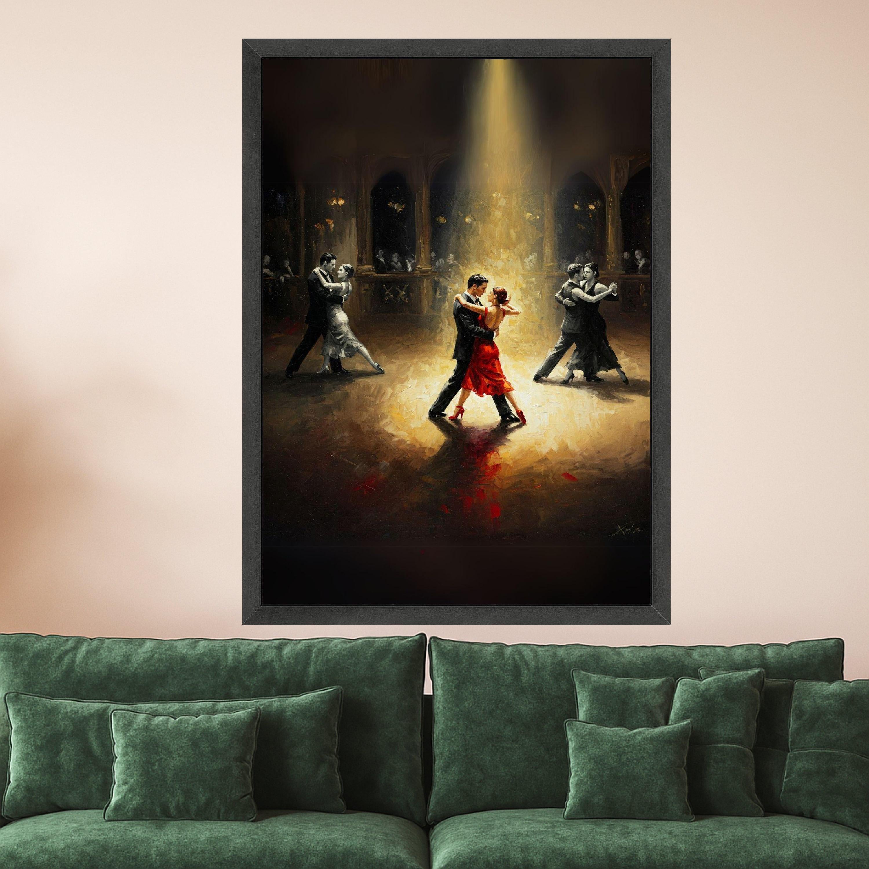 Elegant Tango Dance Scene, Romantic Ballroom Canvas, Couples Dancing Art, Red Dress Highlight, Moody Lighting Wall Decor Ready To Hang,