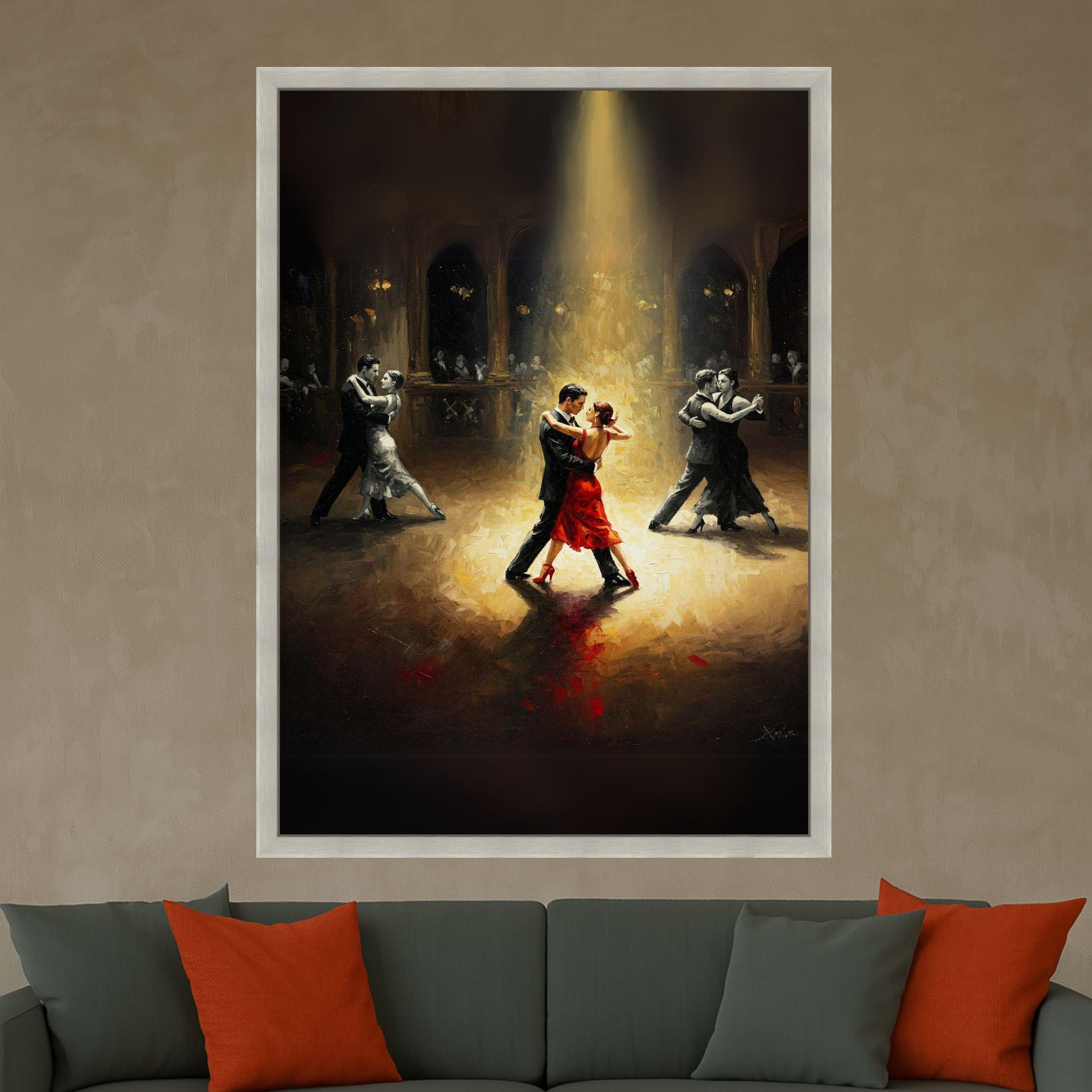 Elegant Tango Dance Scene, Romantic Ballroom Canvas, Couples Dancing Art, Red Dress Highlight, Moody Lighting Wall Decor Ready To Hang,