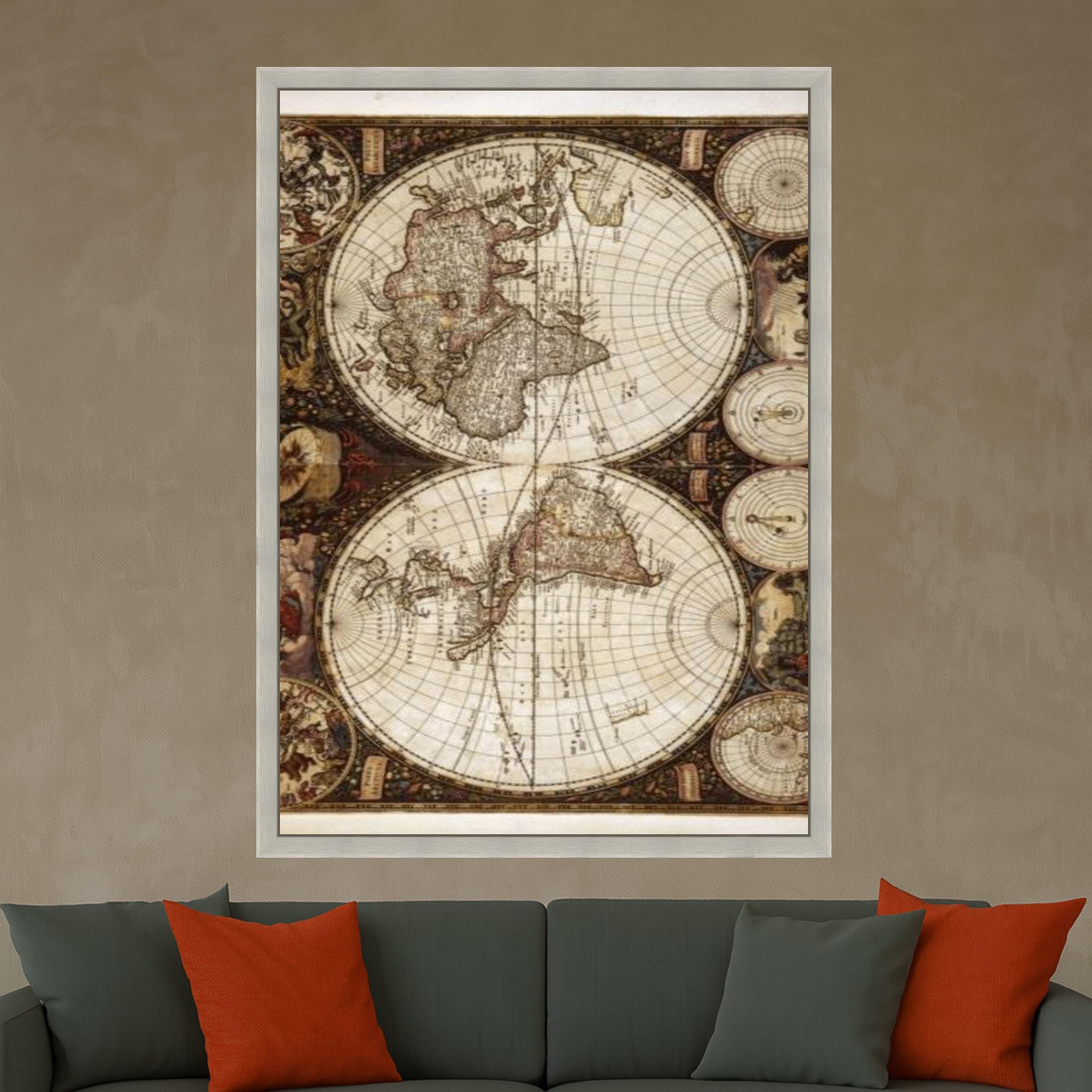 Vintage Antique World Map Canvas, Old Globe Wall Art, Historical Nautical Map Print, Retro Earth Cartography Canvas, Home Ready To Hang,
