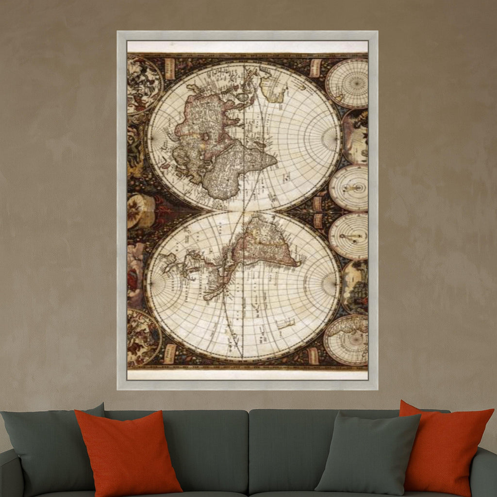 Vintage Antique World Map Canvas, Old Globe Wall Art, Historical Nautical Map Print, Retro Earth Cartography Canvas, Home Ready To Hang,