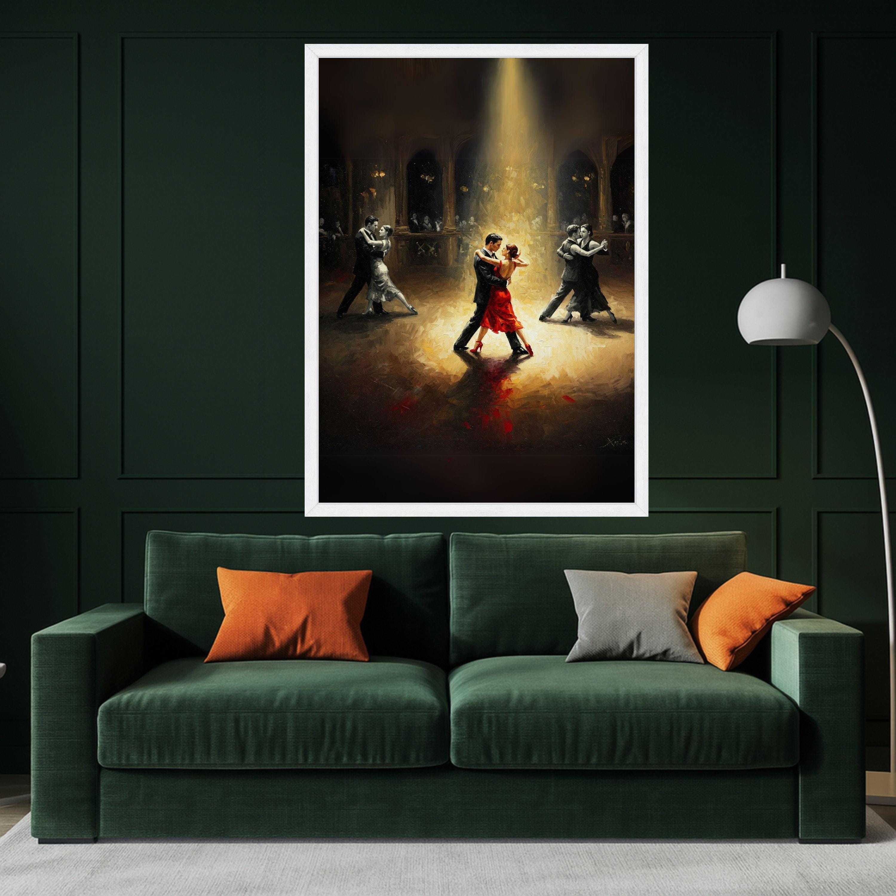 Elegant Tango Dance Scene, Romantic Ballroom Canvas, Couples Dancing Art, Red Dress Highlight, Moody Lighting Wall Decor Ready To Hang,