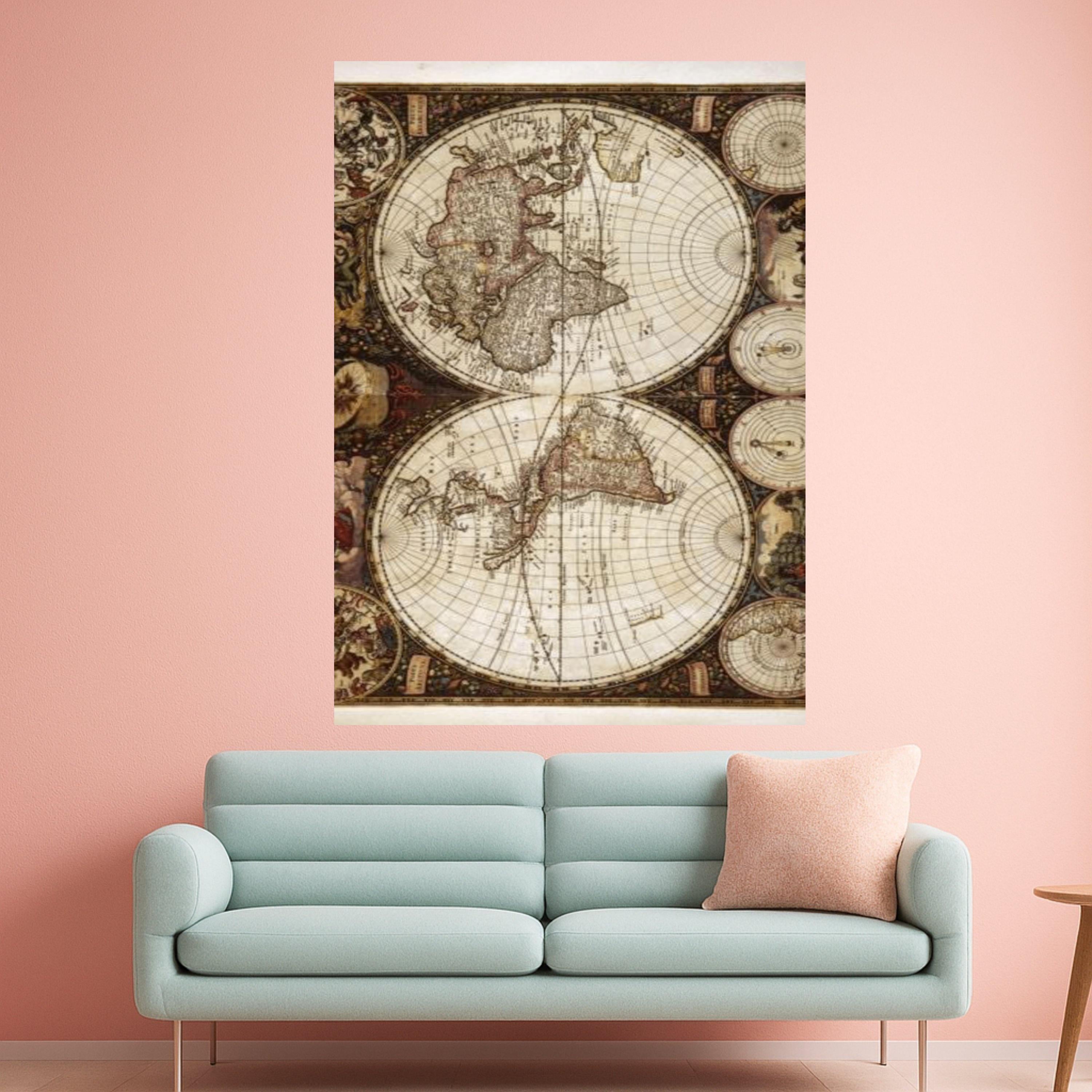 Vintage Antique World Map Canvas, Old Globe Wall Art, Historical Nautical Map Print, Retro Earth Cartography Canvas, Home Ready To Hang,