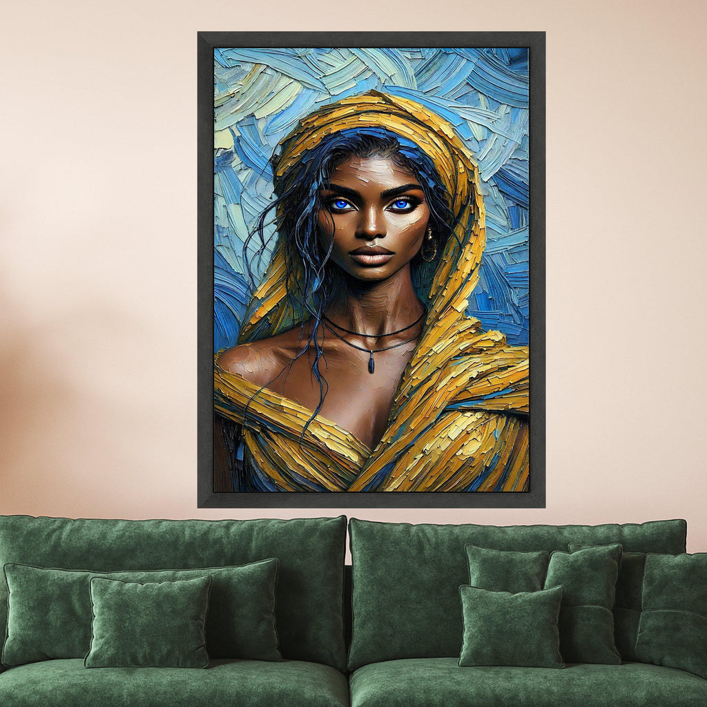Stunning Blue-Eyed Woman Portrait Canvas, Modern Art, Vibrant Yellow and Blue Abstract Background, Contemporary Wall Ready To Hang,