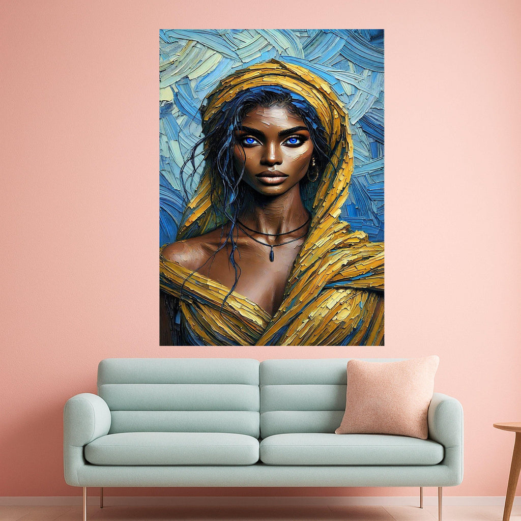 Stunning Blue-Eyed Woman Portrait Canvas, Modern Art, Vibrant Yellow and Blue Abstract Background, Contemporary Wall Ready To Hang,