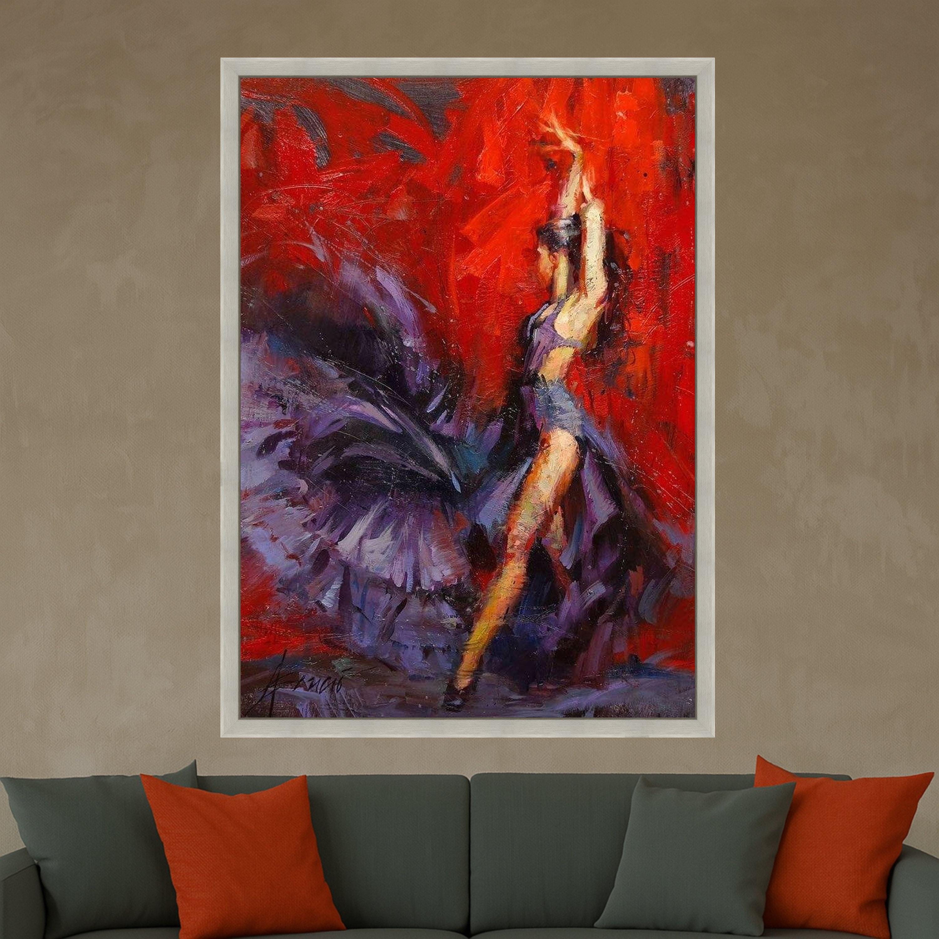 Handmade Flamenco Dancer Canvas Art, Red Purple Abstract Painting, Ready to Hang